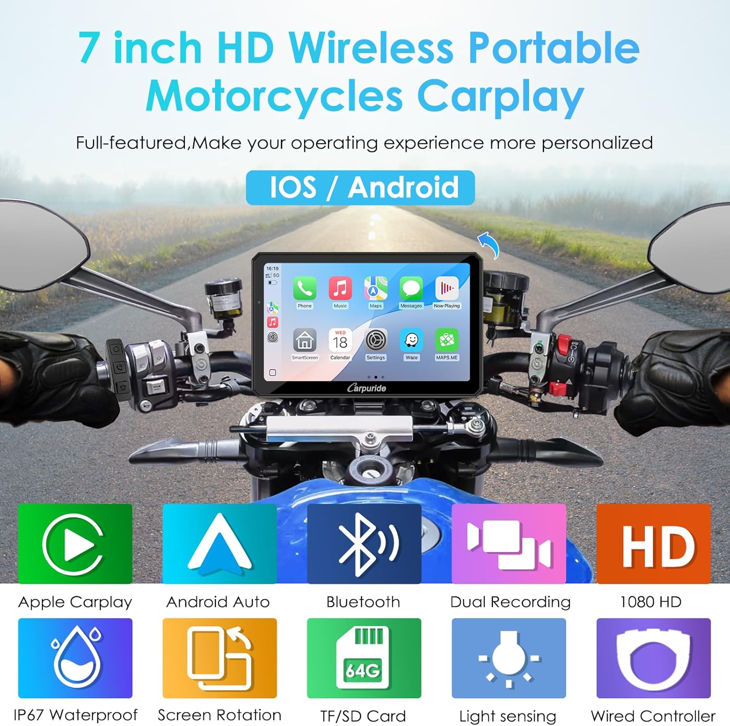 Thumbnail 1 de Carpuride W712D Motorrad CarPlay Bildschirm mit 7" Touch, 1080P Dual-Kameras & kabellosem CarPlay/Android Auto