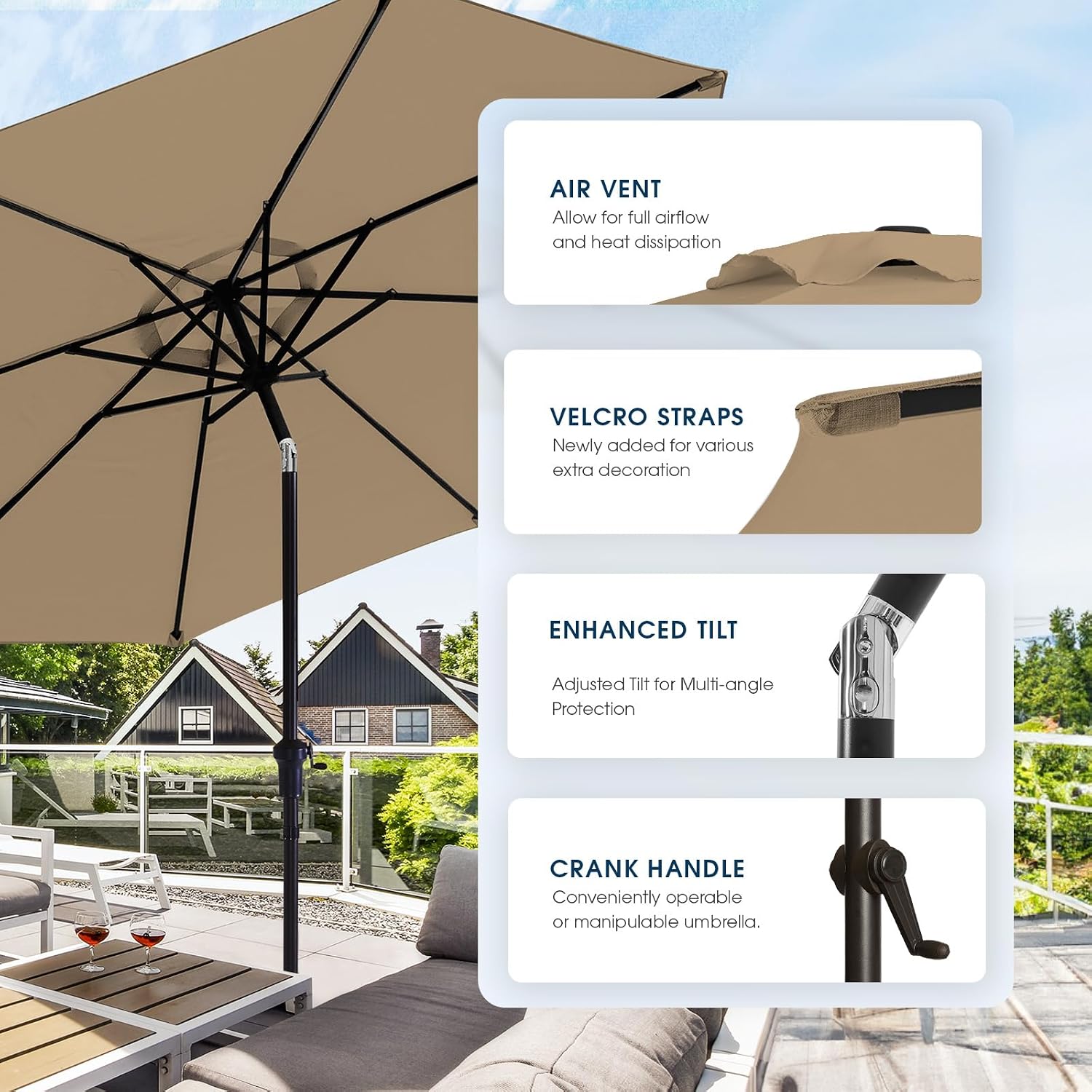 Thumbnail 5 de wikiwiki ZZS-002 9FT Patio Umbrella with Base, 8 Ribs, Tan Canopy