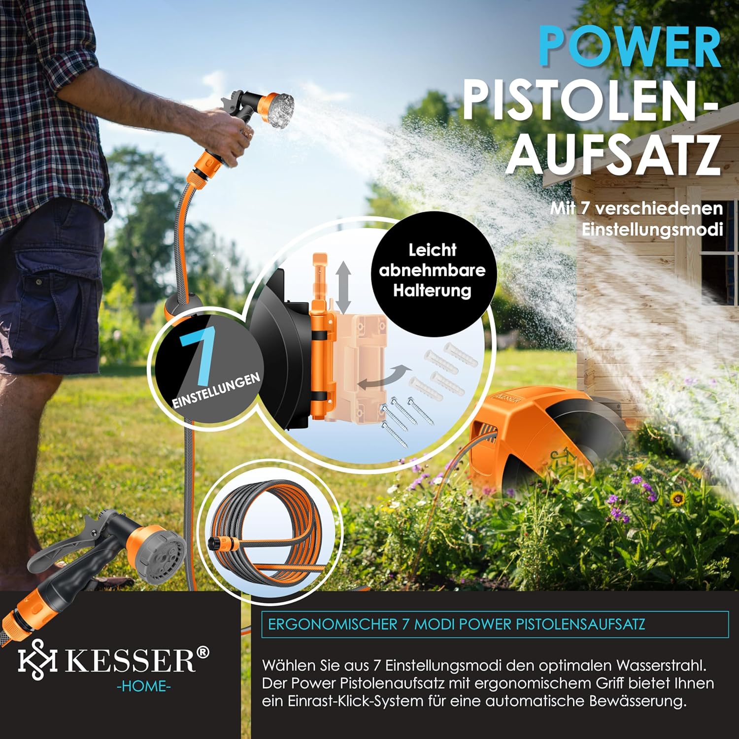 Thumbnail 5 de KESSER® Schlauchtrommel 30 m mit Wandmontage – automatisches Zurückziehen, 180° Schwenkbar und 7‑fach verstellbare Handbrause