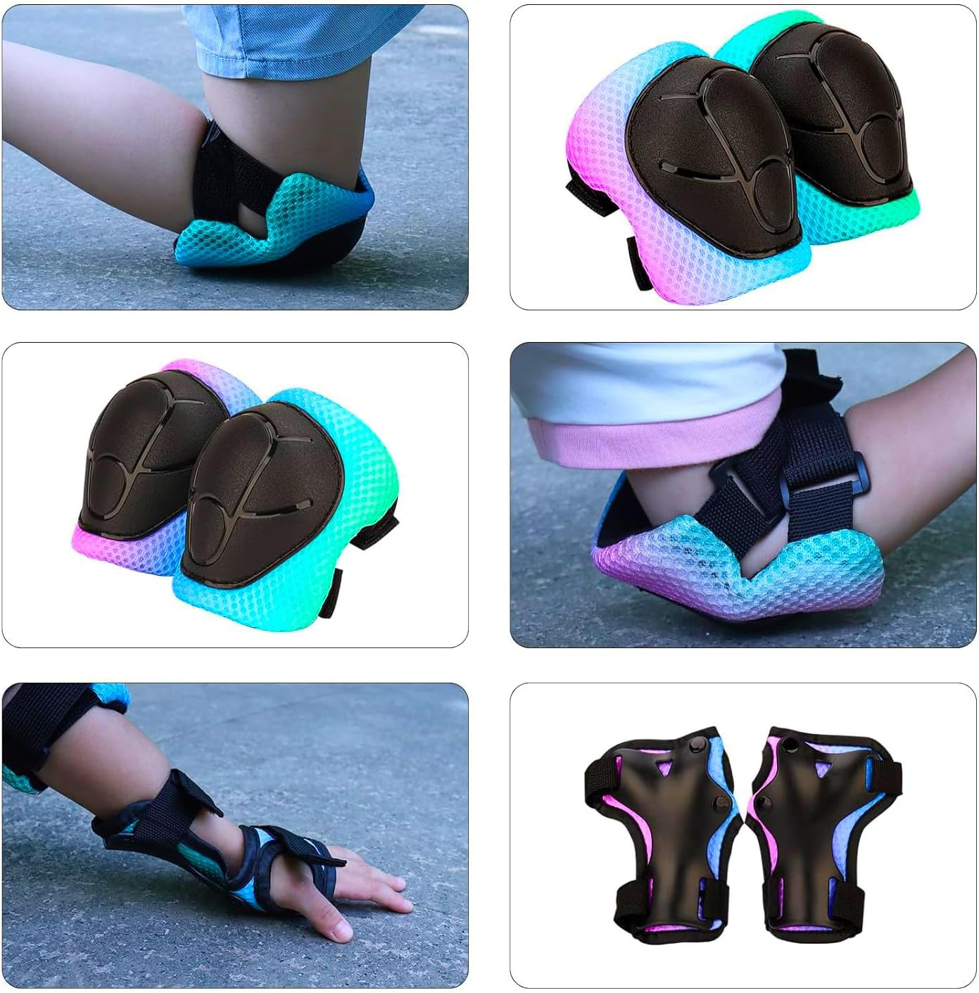 Detalle de Color Gradient Adjustable Kids Bike Helmet with Knee & Elbow Pads Set — 7-in-1 Safety Gear for Ages 5–14