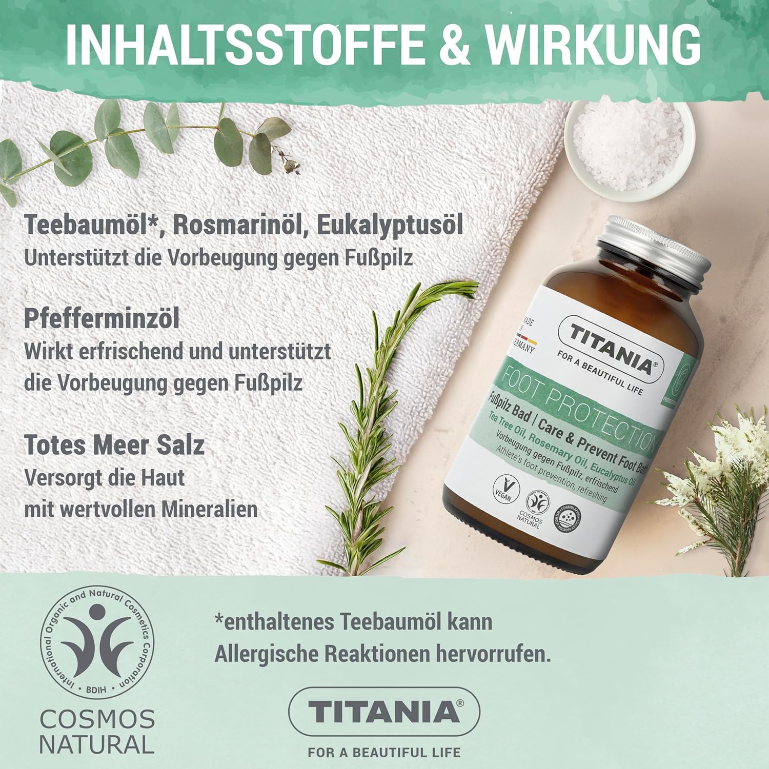 Detalle de TITANIA Fußbadesalz 325 g mit Teebaumöl – natürliche Fußpflege gegen Fußpilzprävention