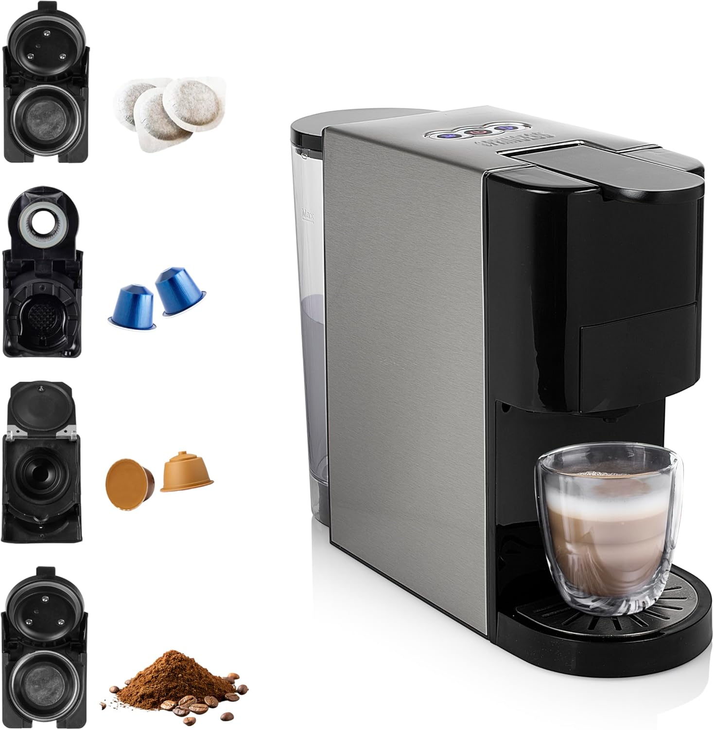 Detalle de Princess Machine à café multi-capsules 4 en 1 – 800 ml, 1450 W, Noir et argent