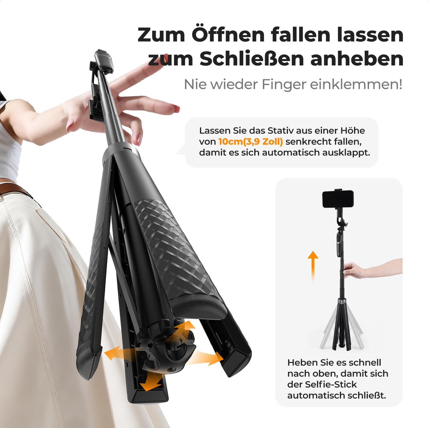 Detalle 2 de K&F CONCEPT Selfie Stick 180 cm Selbstausfahrend – Vierbein-Stabilität, 360°-Klemme und Bluetooth Fernbedienung