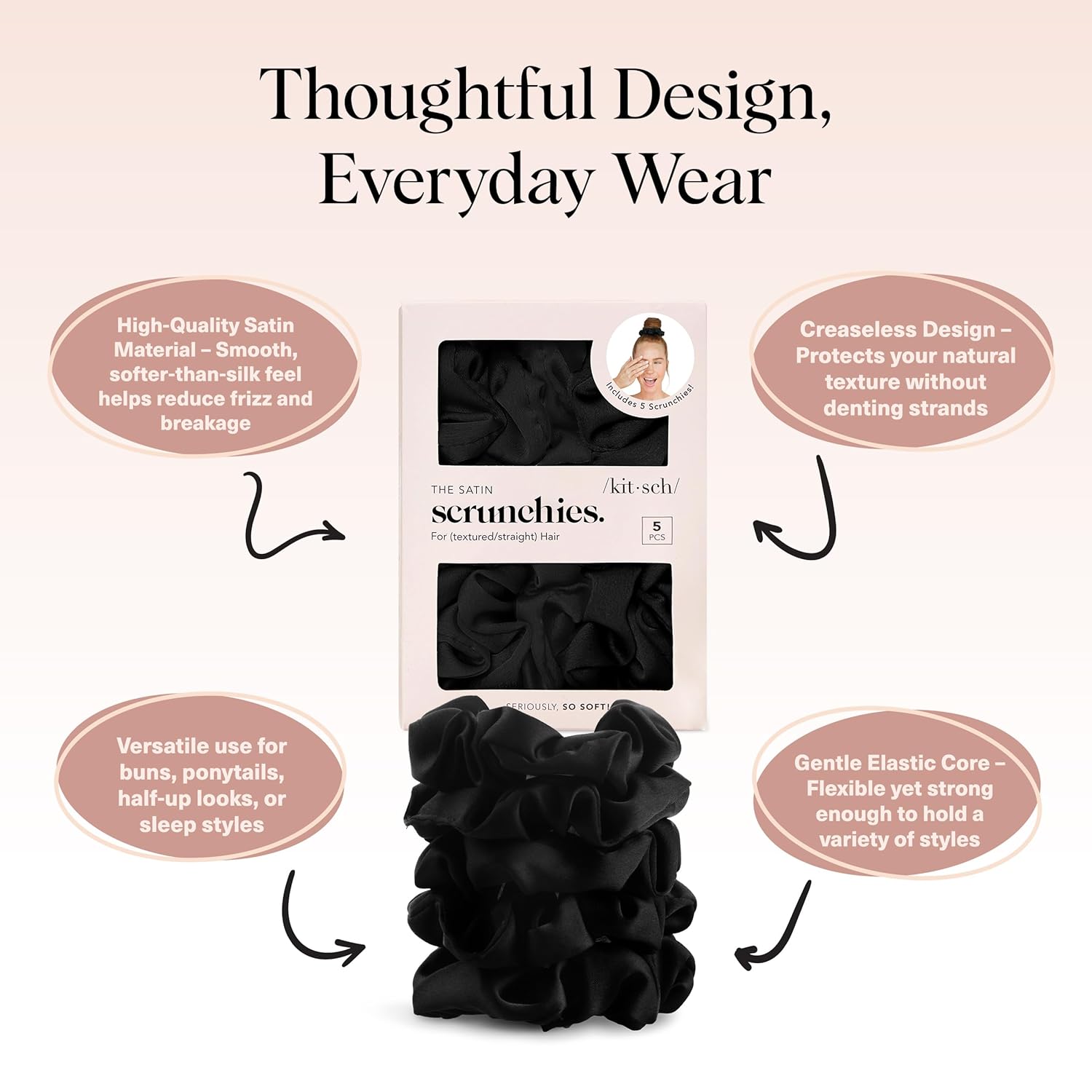 Detalle de Kitsch Satin Scrunchies for Women (Black, 5-pack) — No Crease, Frizz Control