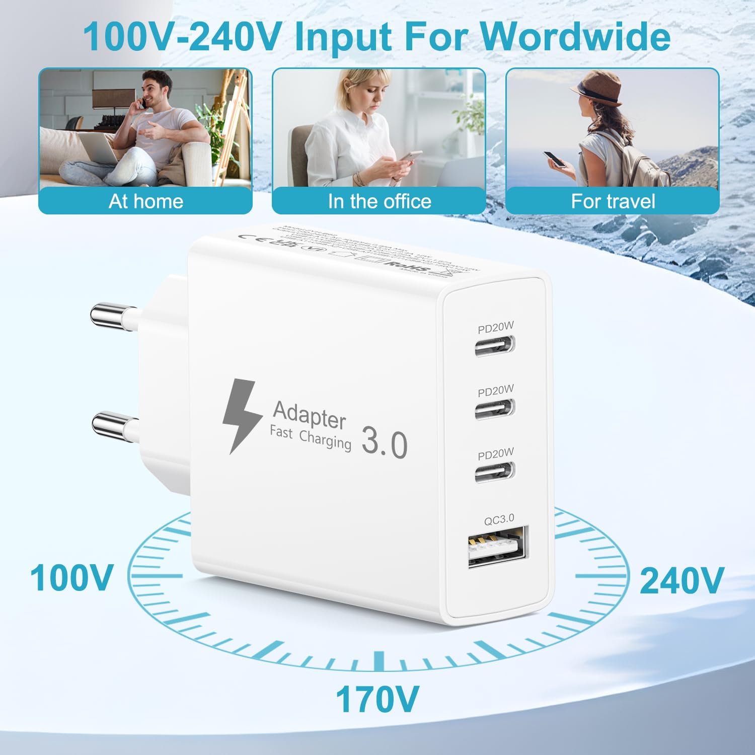 Thumbnail 3 de EU Travel Adapter Charger 50W with 3 USB-C and 1 USB-A – Fast EU Plug Charger