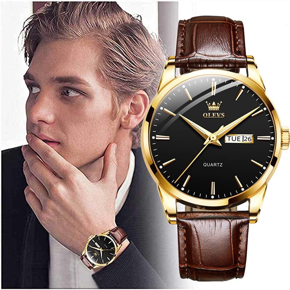 Detalle de OLEVS Herrenarmbanduhr Braun/Schwarz Lederband, Quarz, Datum & Wochentag, Leuchtzeiger, 30 m Wasserdicht – elegantes Geschenk