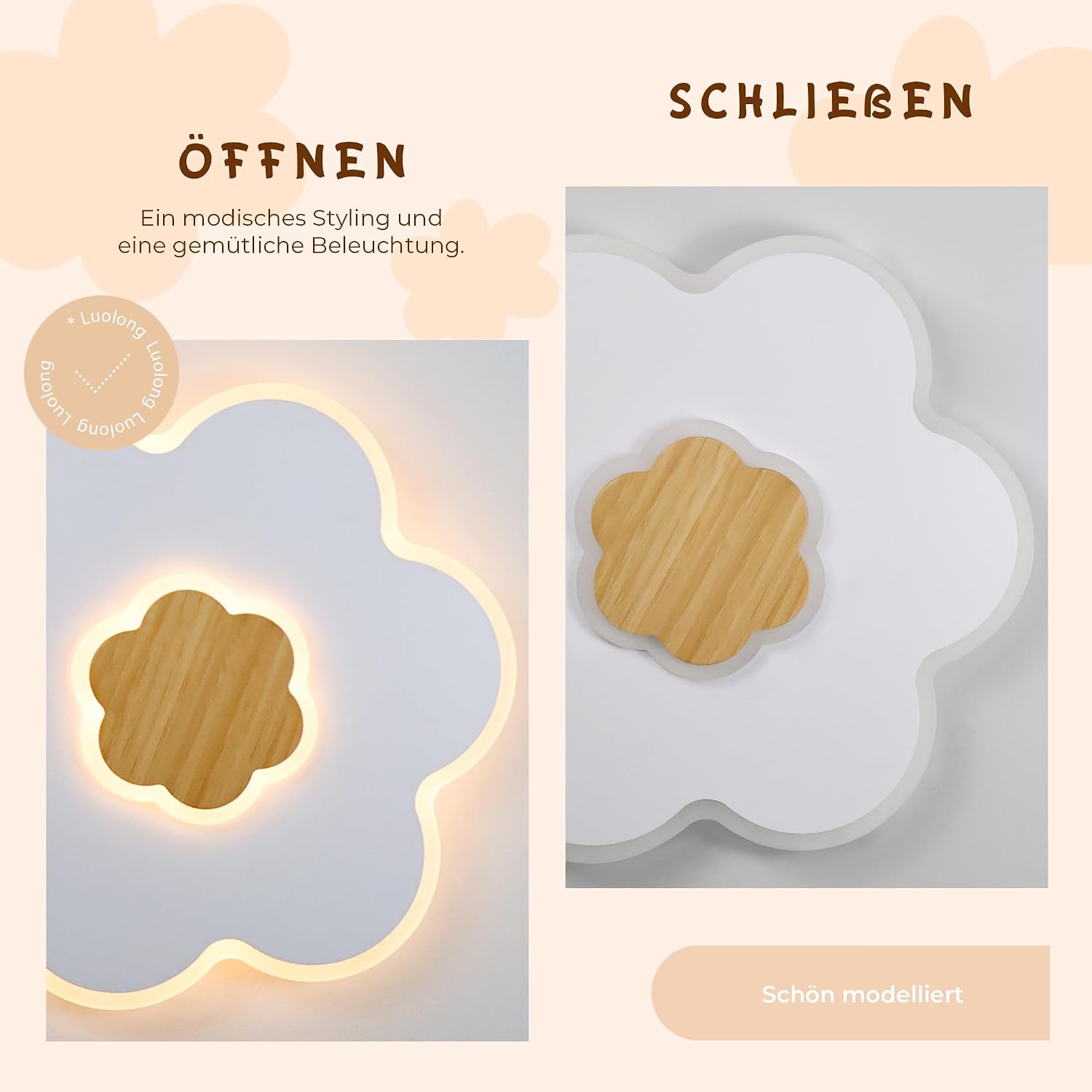 Detalle de Plafonnier LED enfant en forme de fleur (bois) dimmable 3000K–6000K, 35W, 50 cm avec veilleuse