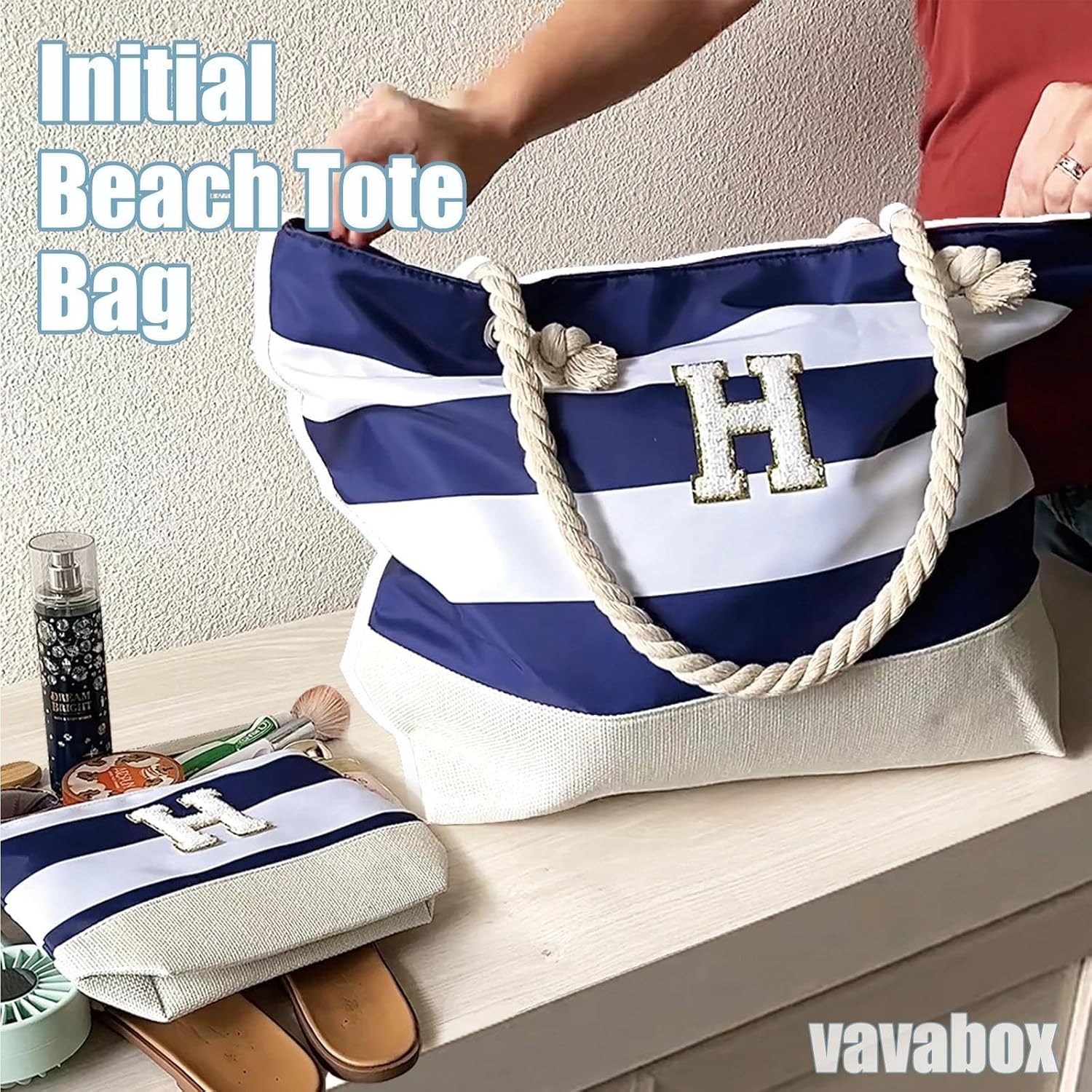 Thumbnail 6 de Vavabox Initial Beach Bag with Zip and Pockets – Personalised, Water-Resistant & Foldable Large Tote Set