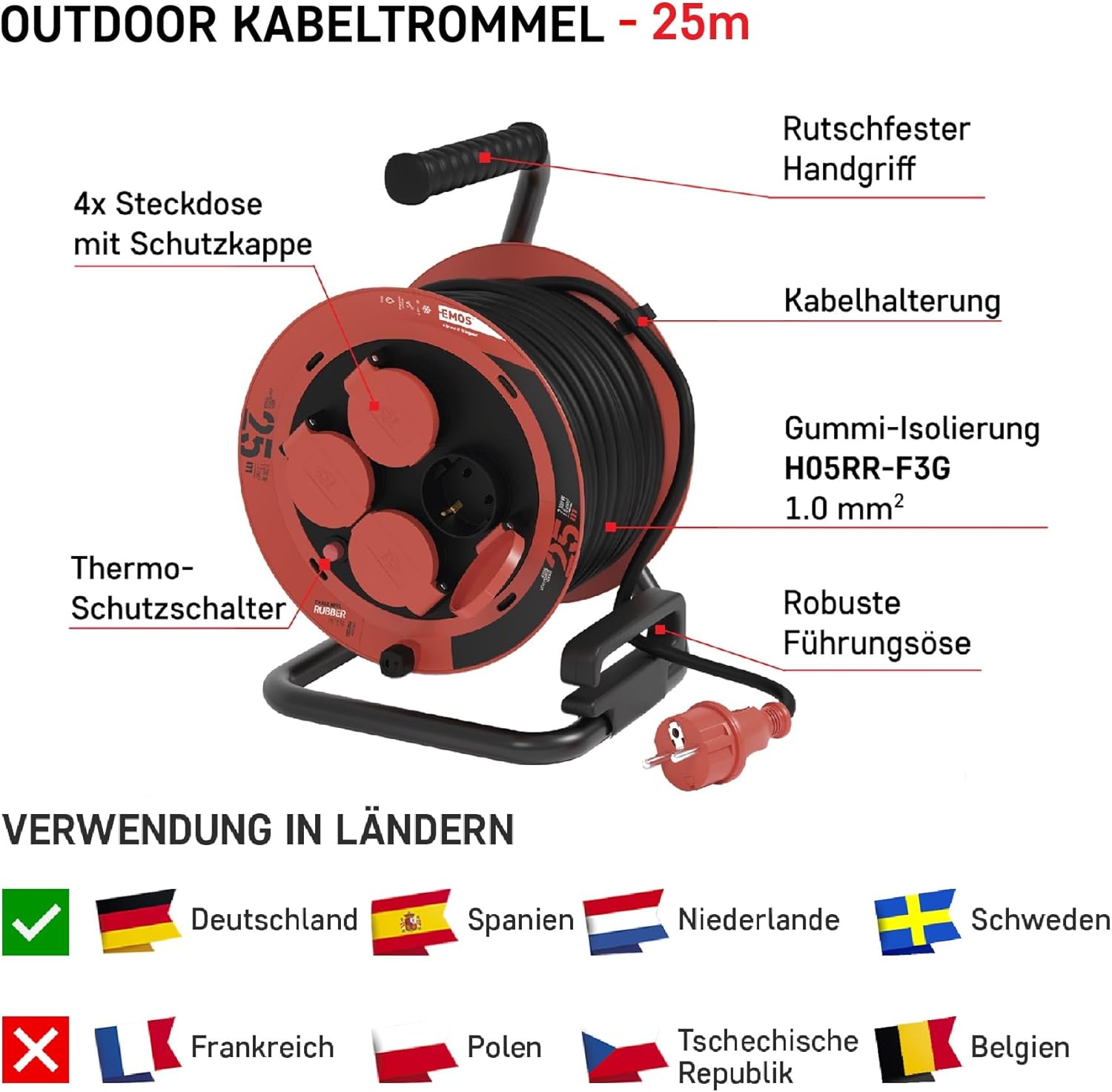 Detalle de EMOS Kabeltrommel 25 m mit 4 Schuko-Steckdosen (IP44, -25 bis +60 °C, 2300 W)