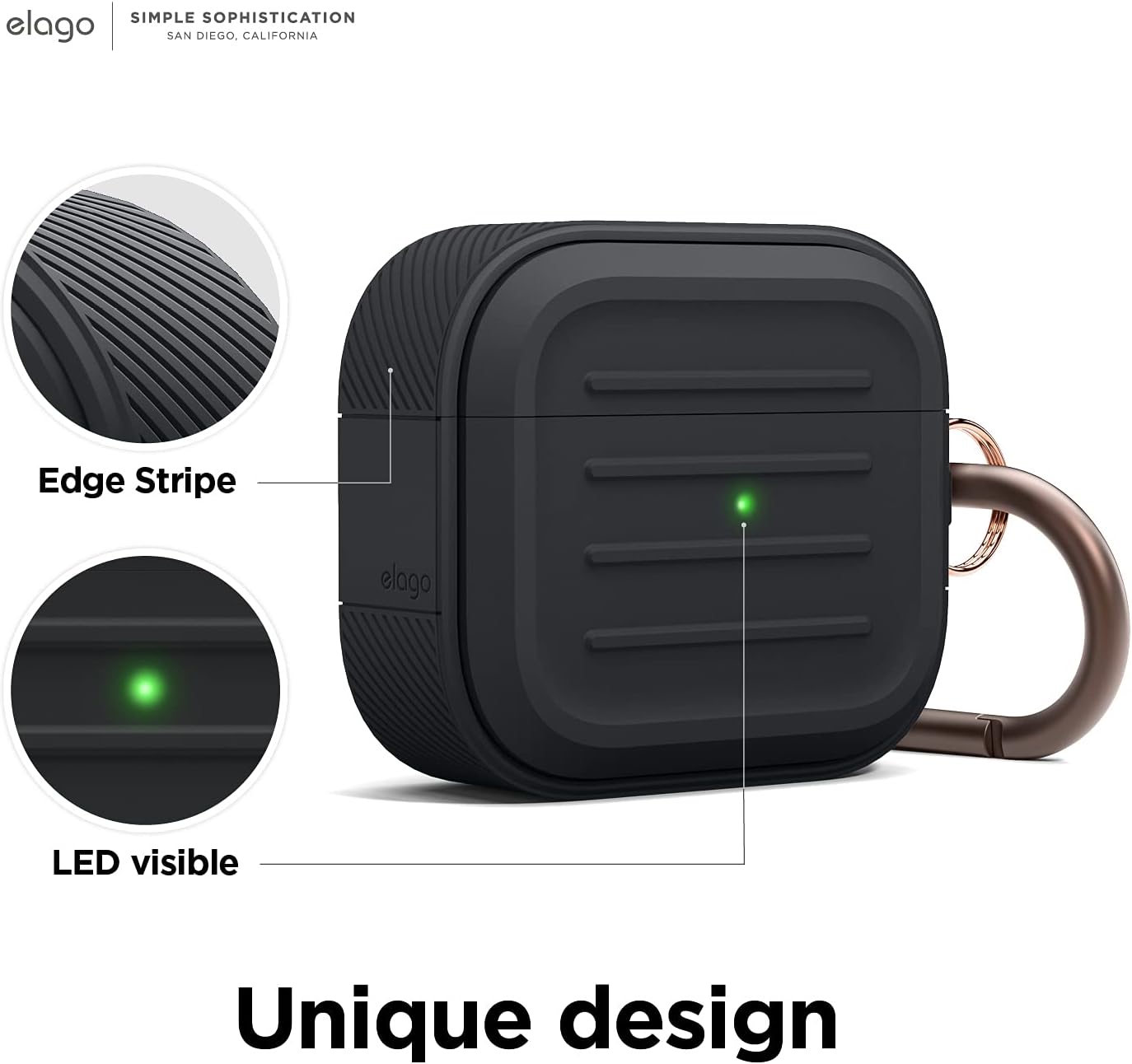 Detalle de elago Coque armée avec porte-clés pour AirPods 3 – recharge sans fil, protection anti-chocs (noir)
