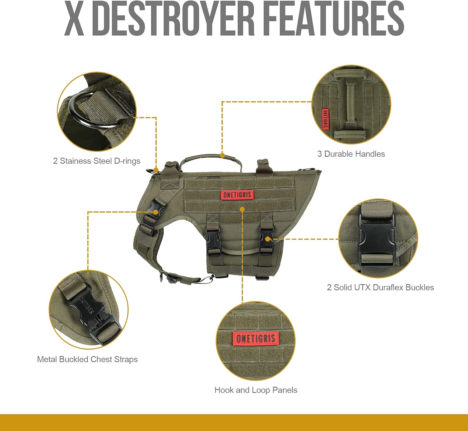 Detalle de OneTigris Harnais pour Chien X DESTROYER – harnais tactical à 3 poignées en nylon 1000D