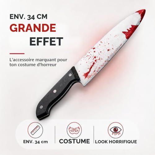 Detalle de FASCHINFEVER Faux couteau d’Halloween, 34 cm, plastique léger et lame effet sang