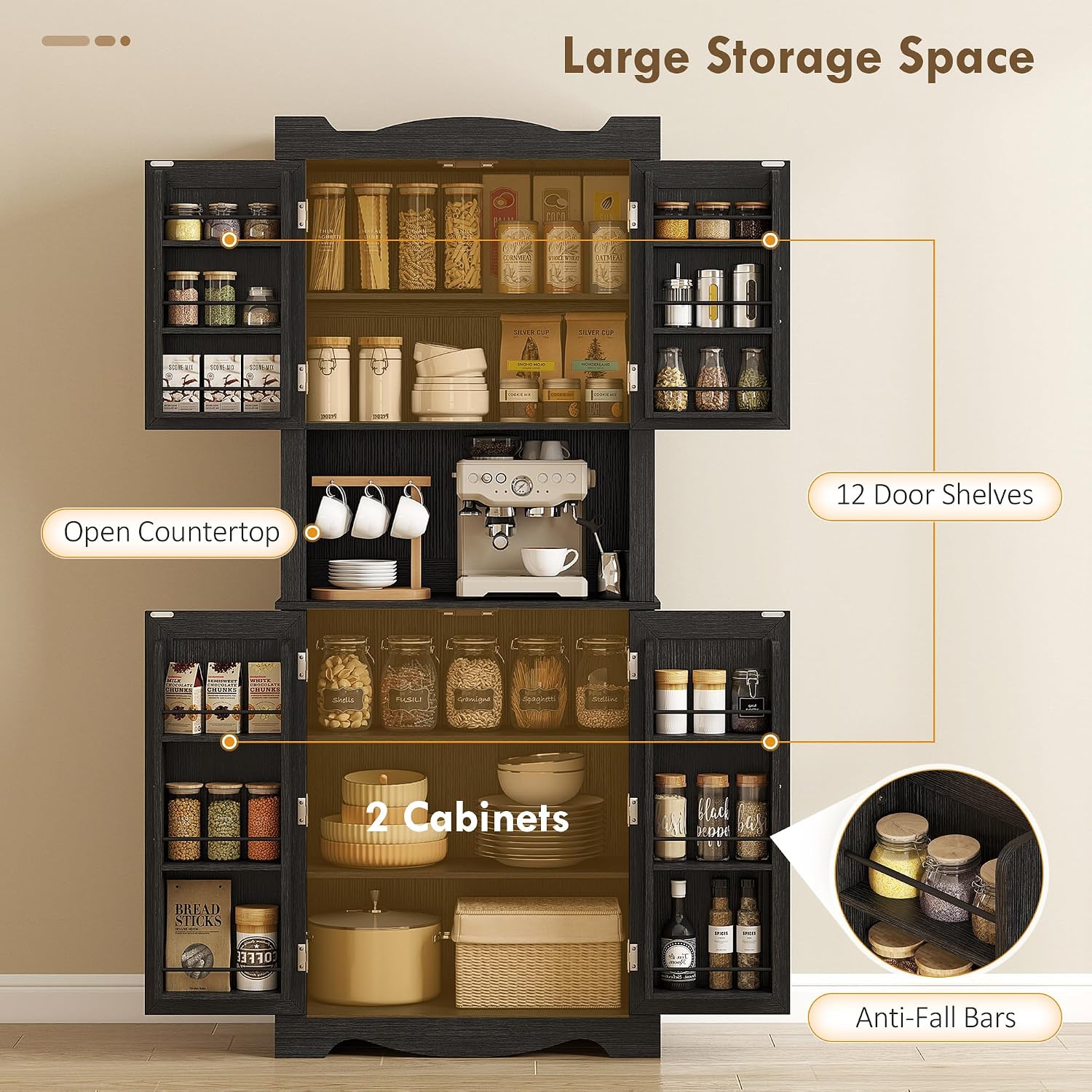 Detalle 2 de HOMCOM 83A-364V80BK Kitchen Pantry Cabinet, 4 Doors, 12 Door Shelves, Black