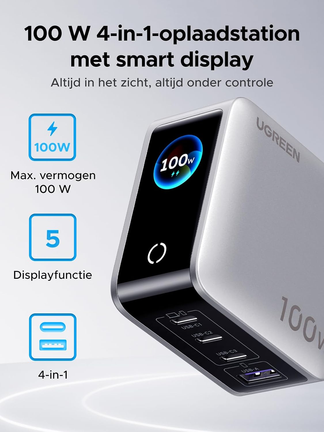 Thumbnail 1 de UGREEN Nexode Pro 100W USB-C-lader met 4 poorten en draaibaar display