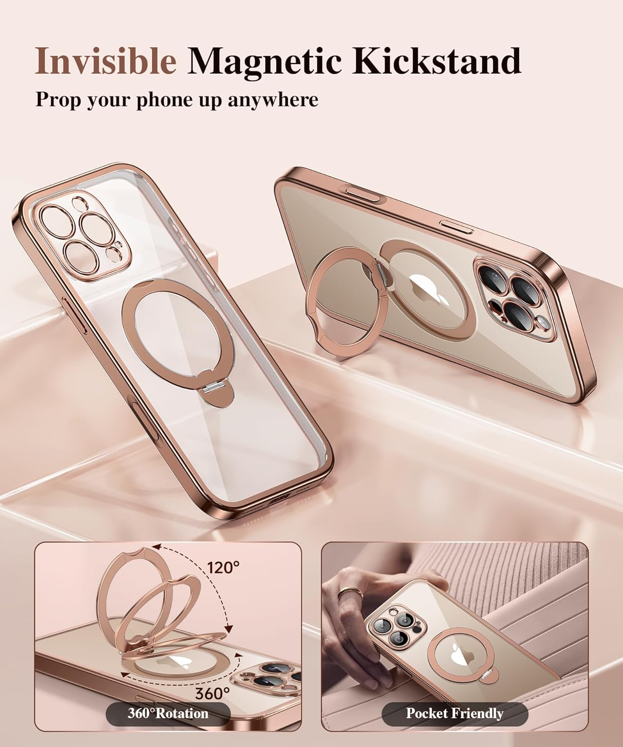 Detalle de BERFY iPhone 16 Pro Max Case with MagSafe, Built-in 9H Glass Screen Protector, and 360° Rotating Stand – Clear Rose Gold