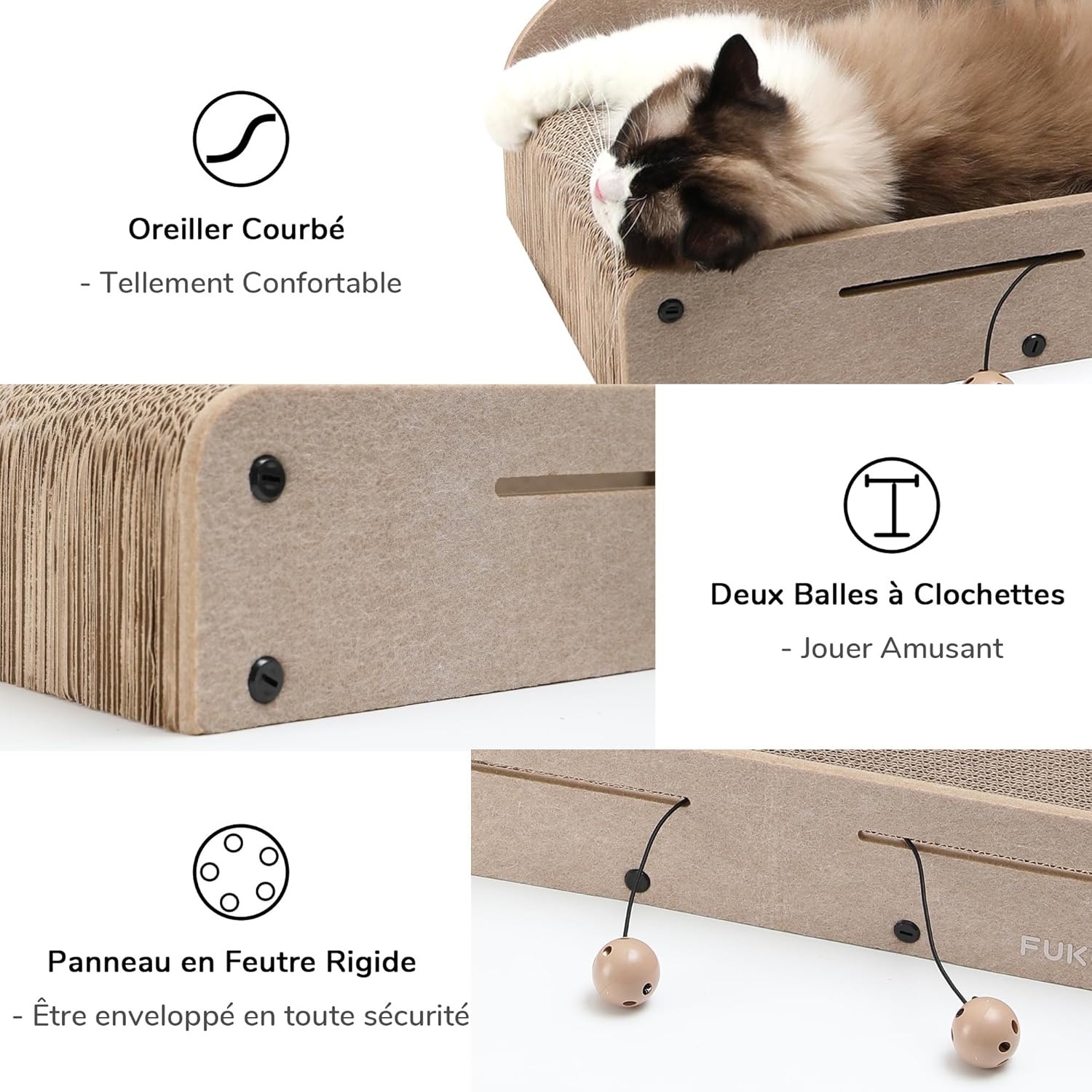 Thumbnail 6 de FUKUMARU Grattoir pour chat en carton 66 cm avec 2 griffoirs réversibles et balle cloche