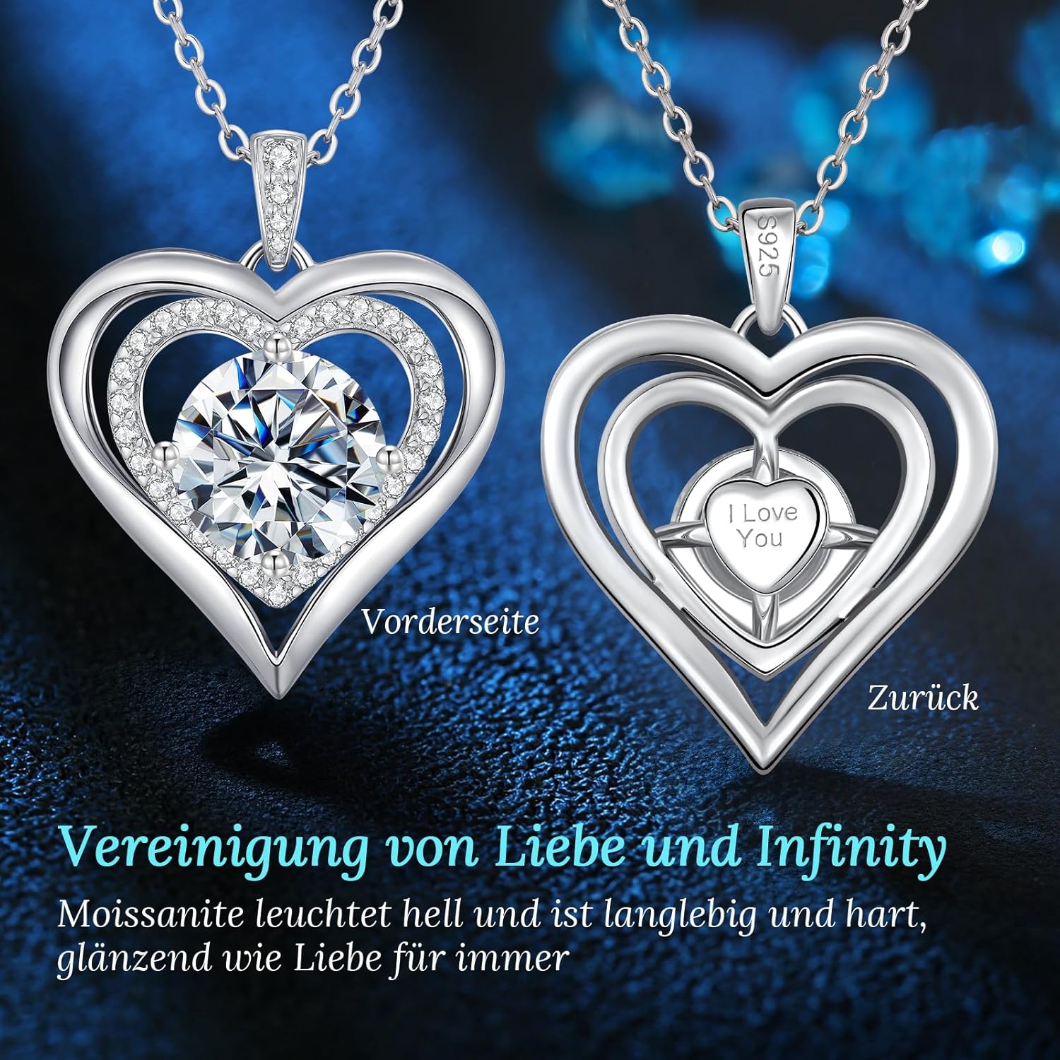 Thumbnail 3 de CDE Damen Halskette aus 925 Sterling Silber mit Moissanit-Herzanhänger (Moissanit „I LOVE YOU“)