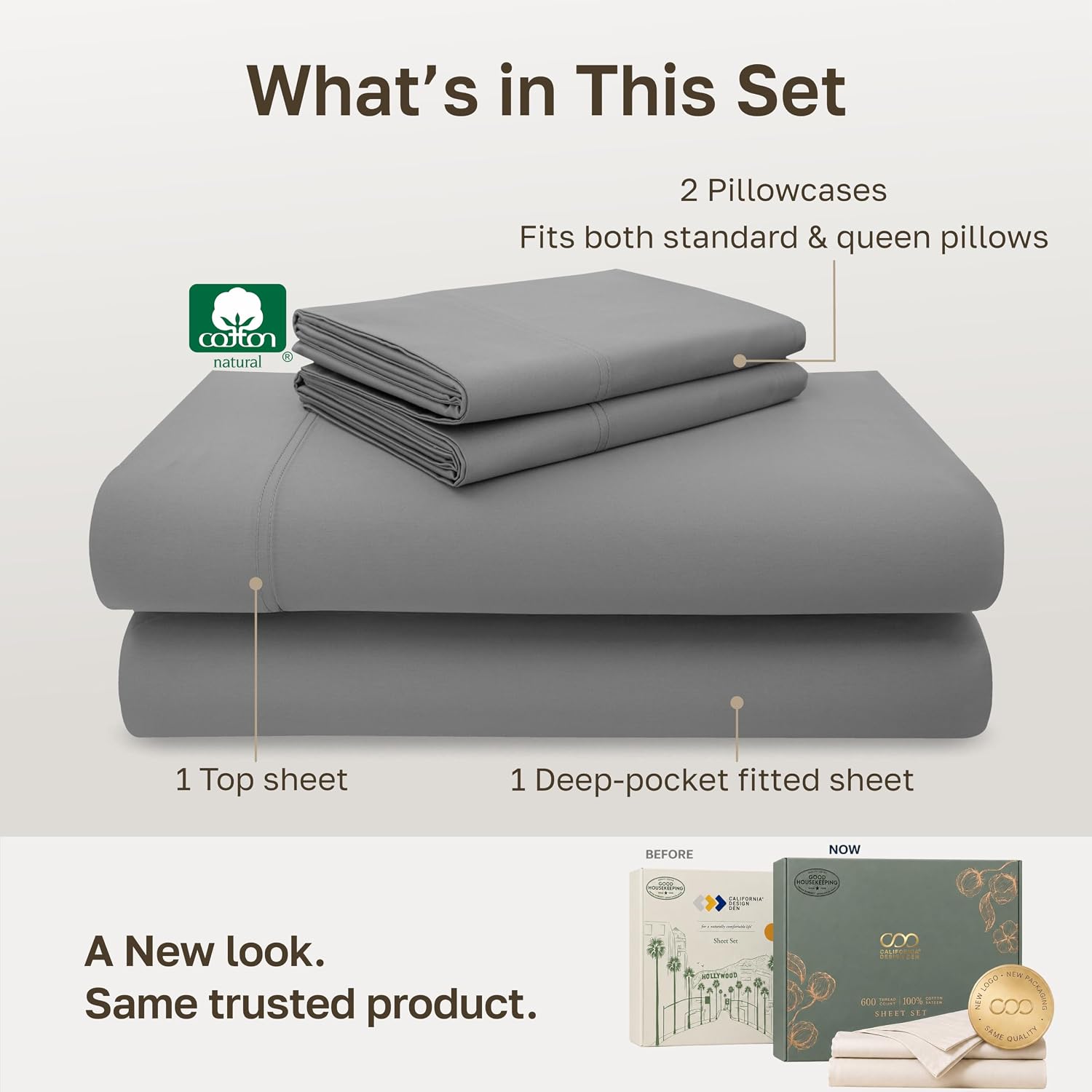 Detalle de California Design Den OZJONG Full Sheet Set, 600-Thread-Count Cotton Sateen, Mist Grey