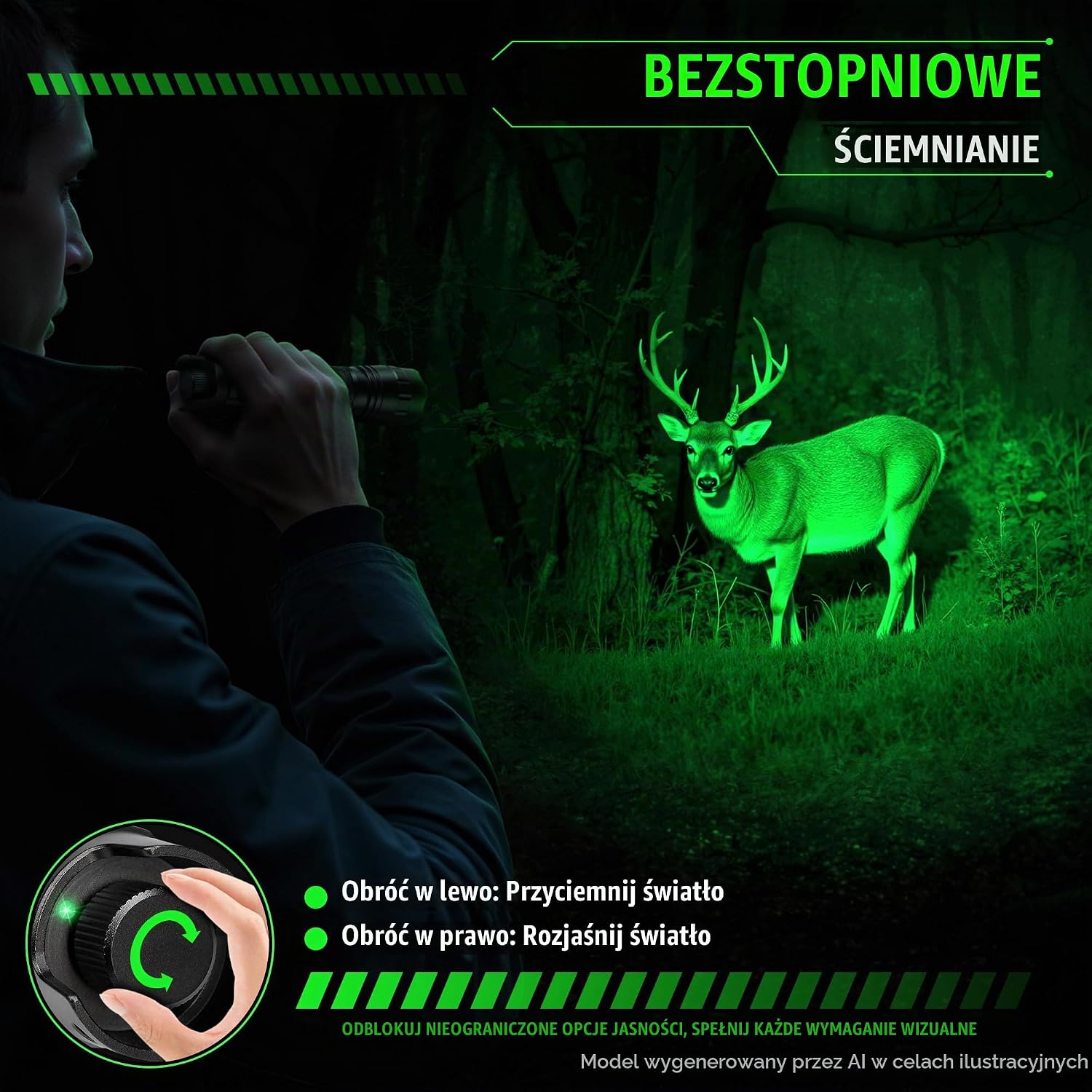 Detalle de DARKBEAM 501M – latarka LED z zielonym światłem, regulacją jasności i wiązki
