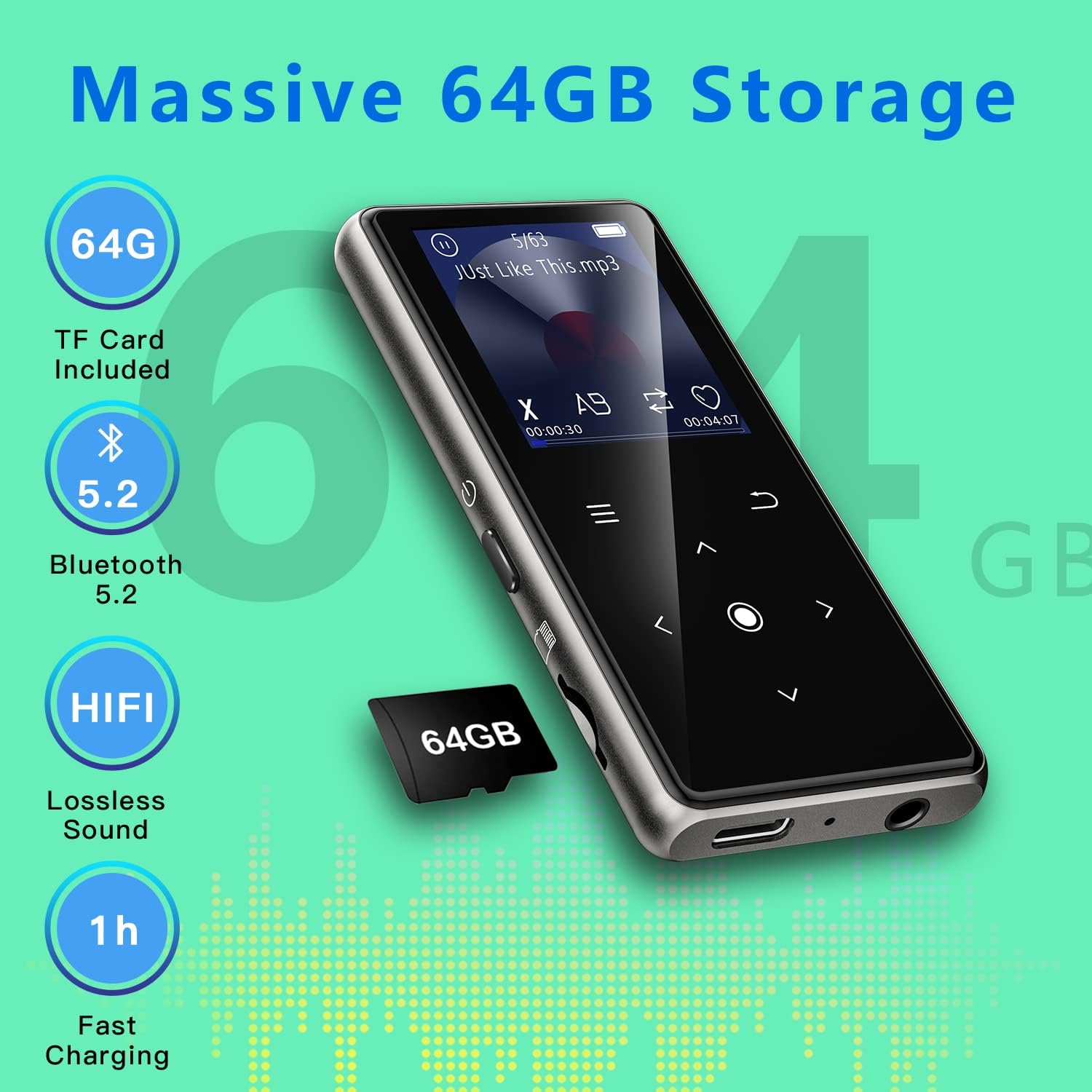 Detalle de AiMoonsa 64GB MP3 Player with Bluetooth 5.2
