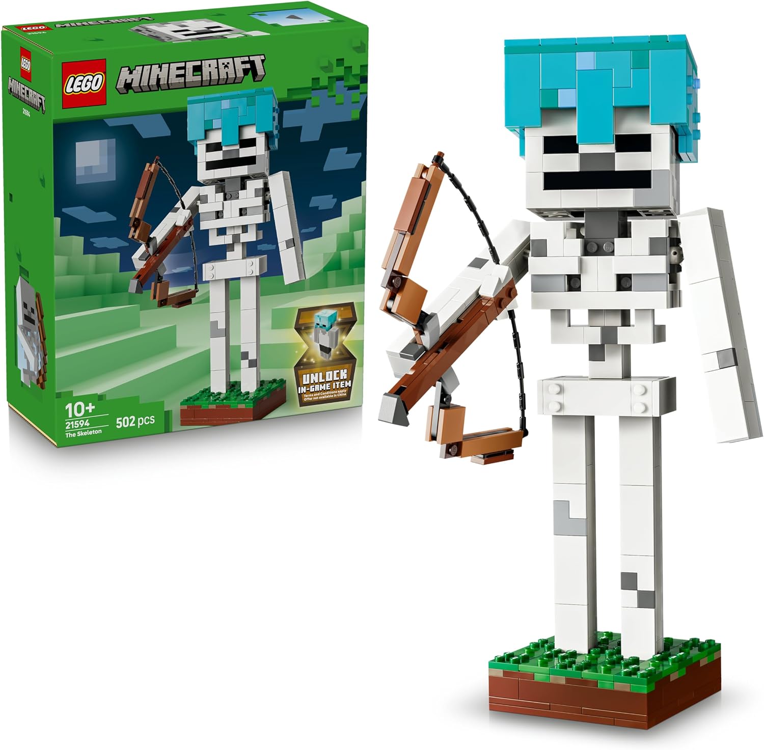 Detalle de LEGO Minecraft The Skeleton Toy – Figure with Diamond Helmet, Bow & Arrow and Grass Base (21594)