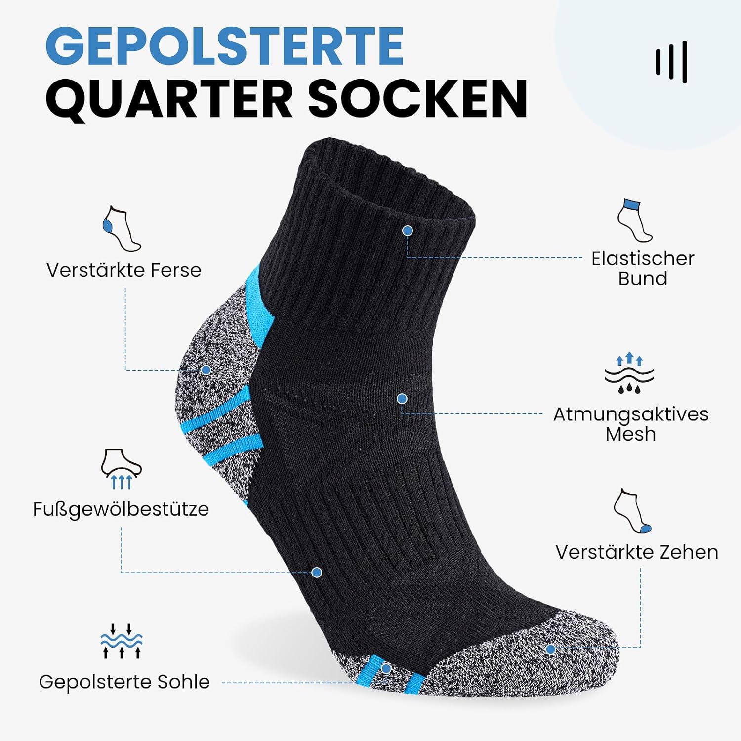 Thumbnail 3 de Stoeury Sneaker Socken Herren – Quarter Socken mit Frotteesohle, Nahtlose Zehen, atmungsaktiv 6 Paar