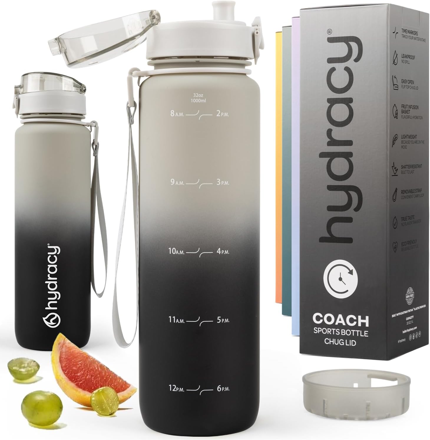 Hydracy Water Bottle with Time Marker – Large 1 Litre, Gradient Moongray Charcoal
