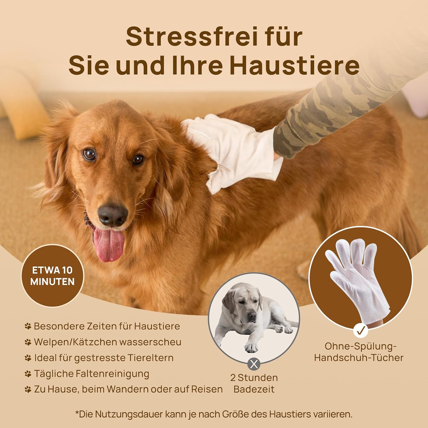 Detalle 2 de HICC PET Reinigungshandschuhe – 20 Feuchttücher zur Fellpflege und Pfotenreinigung (Kokosölformel, ohne Ausspülen, Kokosduft)