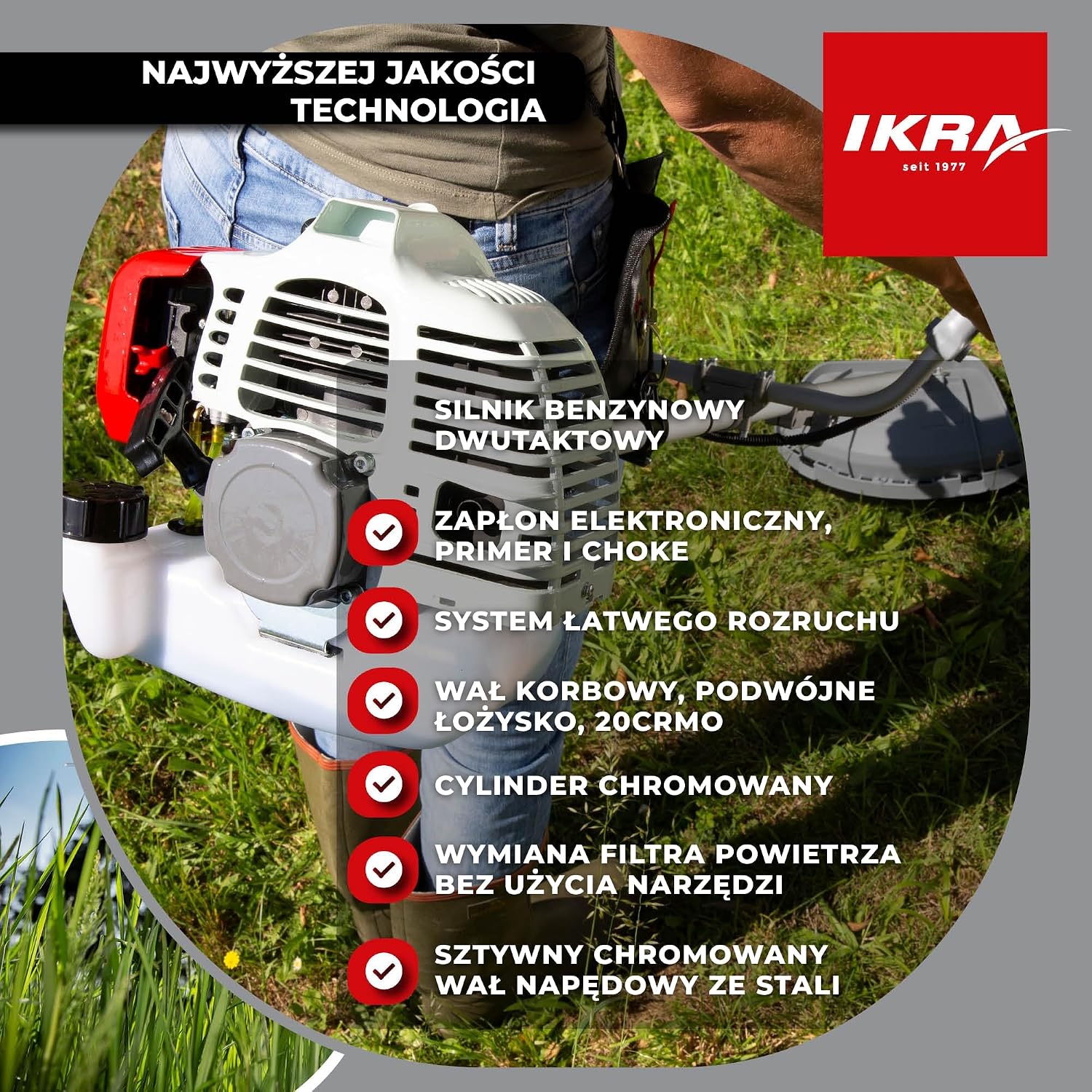 Detalle de IKRA IBF 4342 kosa spalinowa 2-suwowa, 42,7 cm³ i 1,25 kW