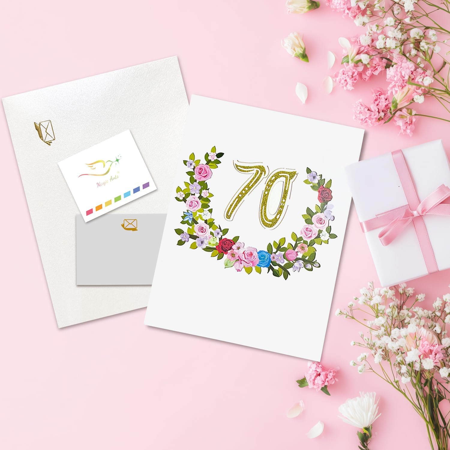 Detalle de 3D Pop-Up Karte 70. Geburtstag oder 70. Hochzeitstag – Elegante Rosenkarte mit Rosenkranz