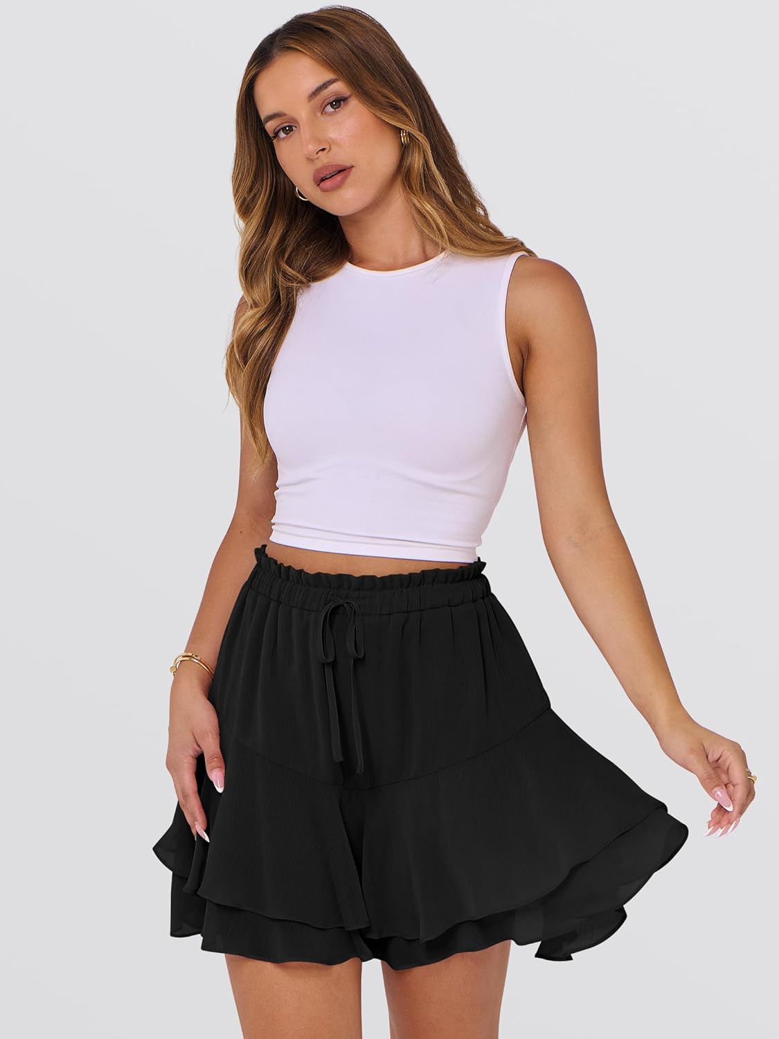 Thumbnail 4 de Caracilia Women’s Boho Skorts (Floral Ruffle Chiffon Mini Skirts) with Elastic Waist & Adjustable Drawstring