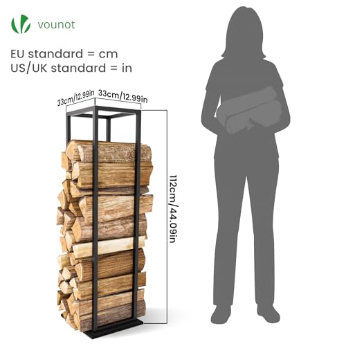 Detalle de vounot Range Bûches Vertical 33 x 33 x 112 cm – Porte-bûches en métal avec étagère et MDF, noir