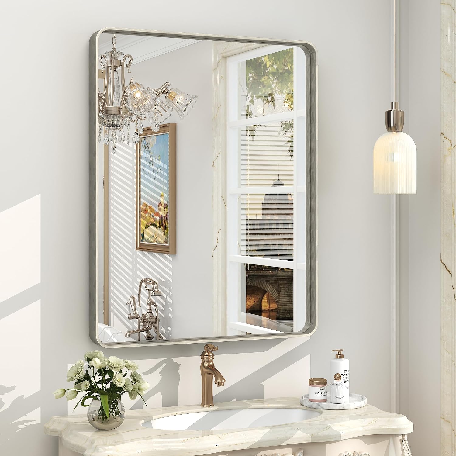 Detalle de CHARMOR 24x30 Inch Silver Bathroom Mirror with Brushed Aluminum Frame
