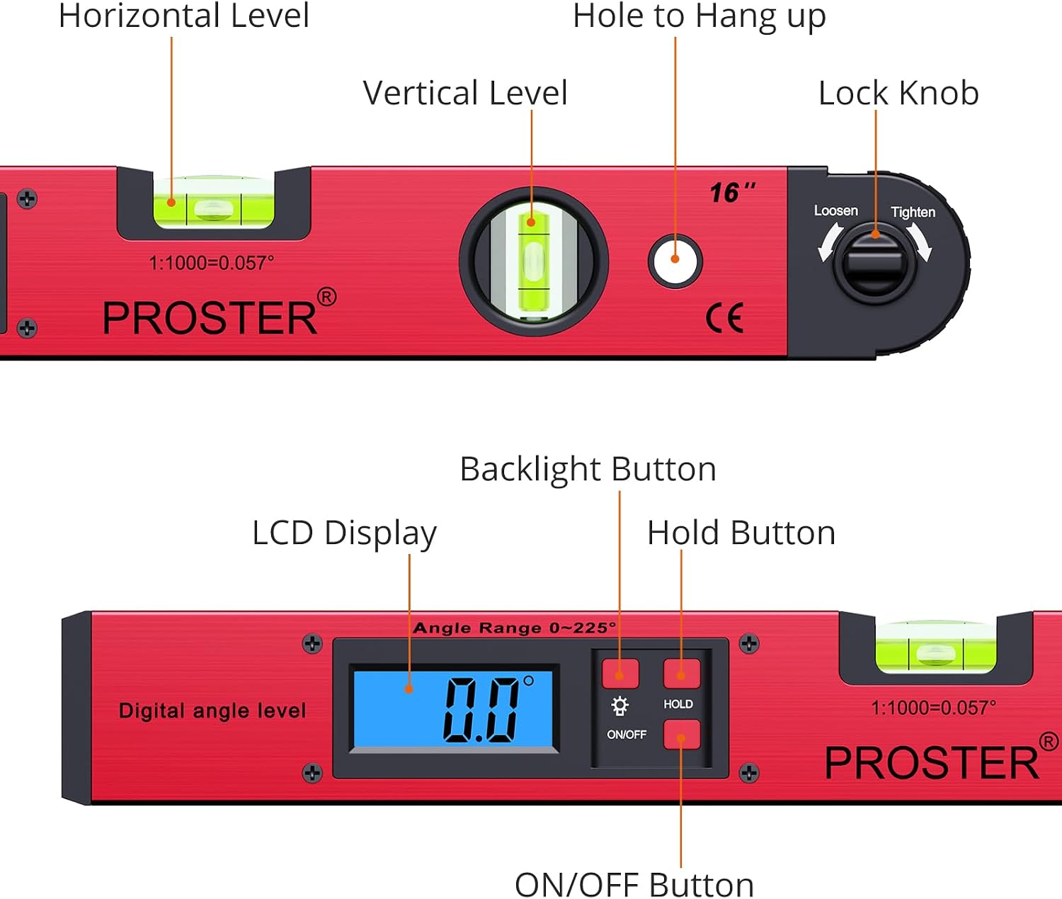 Detalle 2 de Proster 1 Digital Angle Finder, 400mm, 0–225° with Backlit LCD