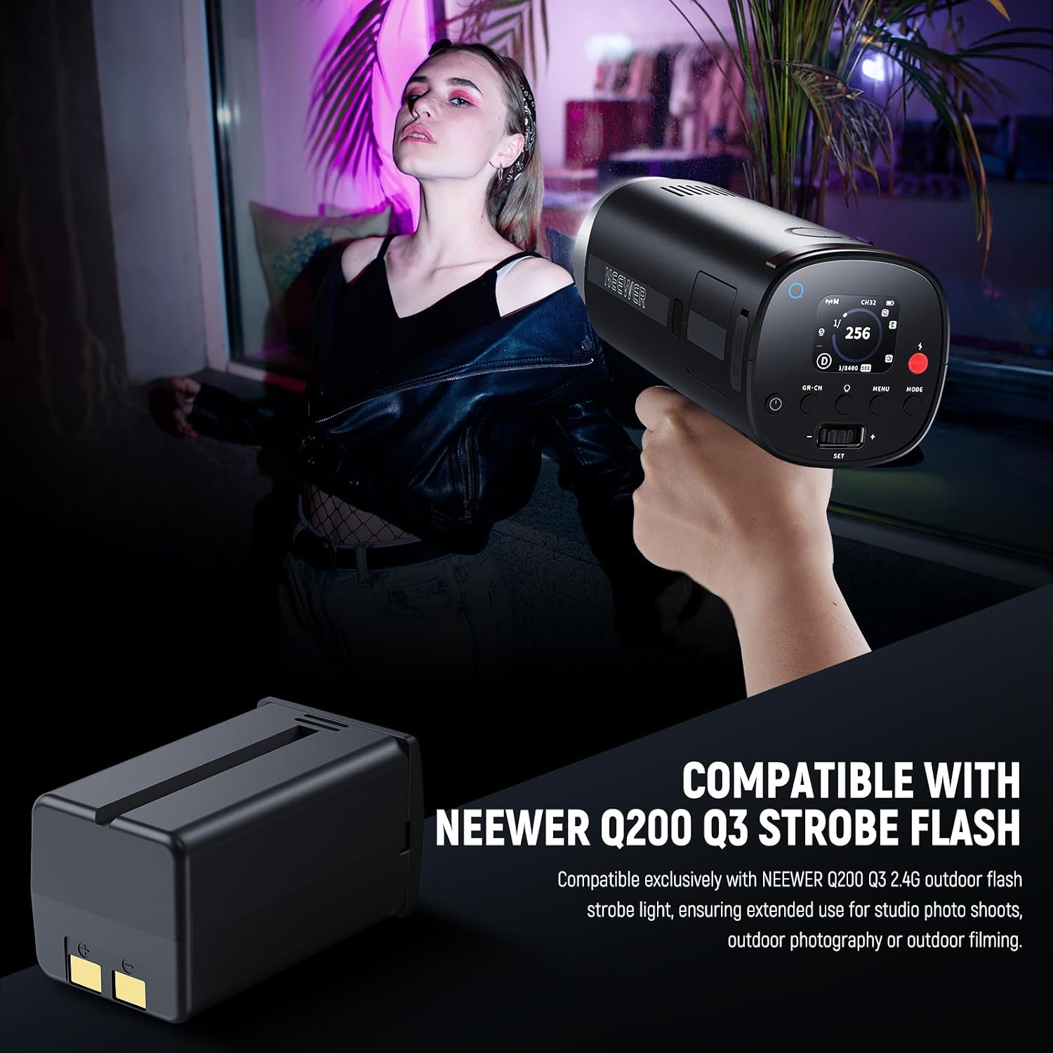 Detalle de NEEWER Q200 : batterie de remplacement Li-Ion 14,8V 3200mAh pour flash extérieur 200Ws 2,4G
