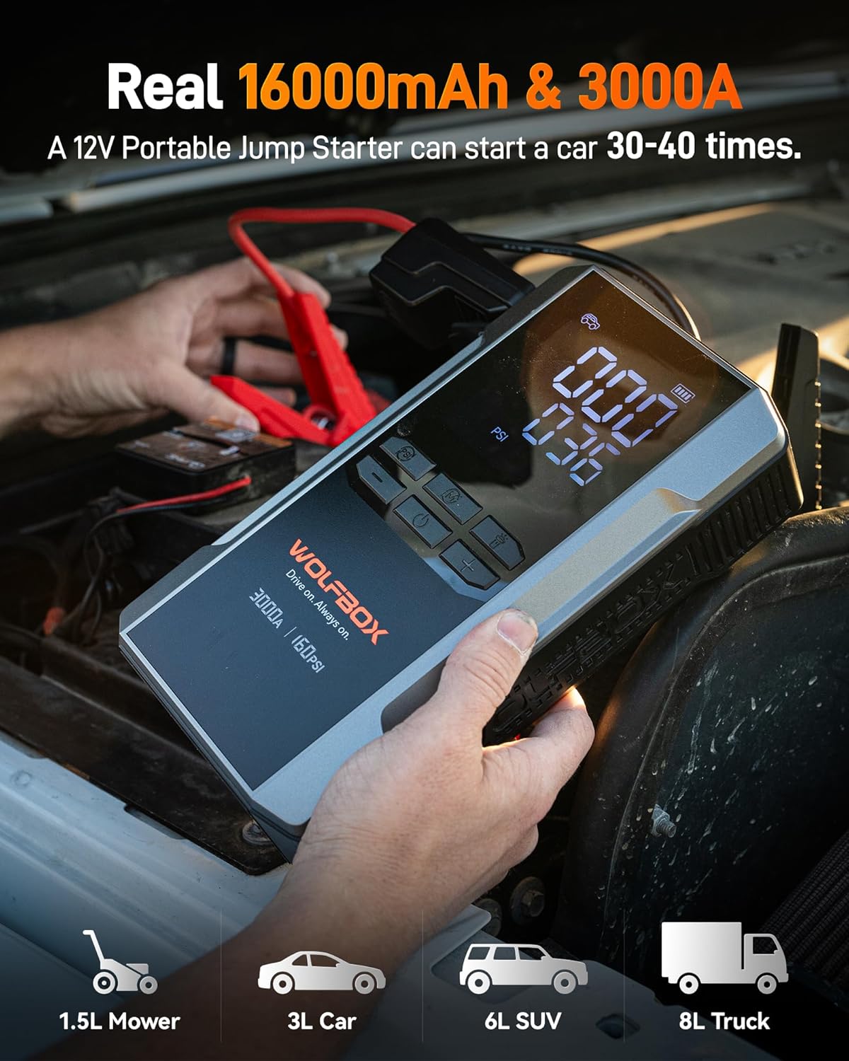 Detalle de WOLFBOX avviatore di emergenza 3000A con compressore d’aria e ricarica rapida 65W (pacchetto 12V)