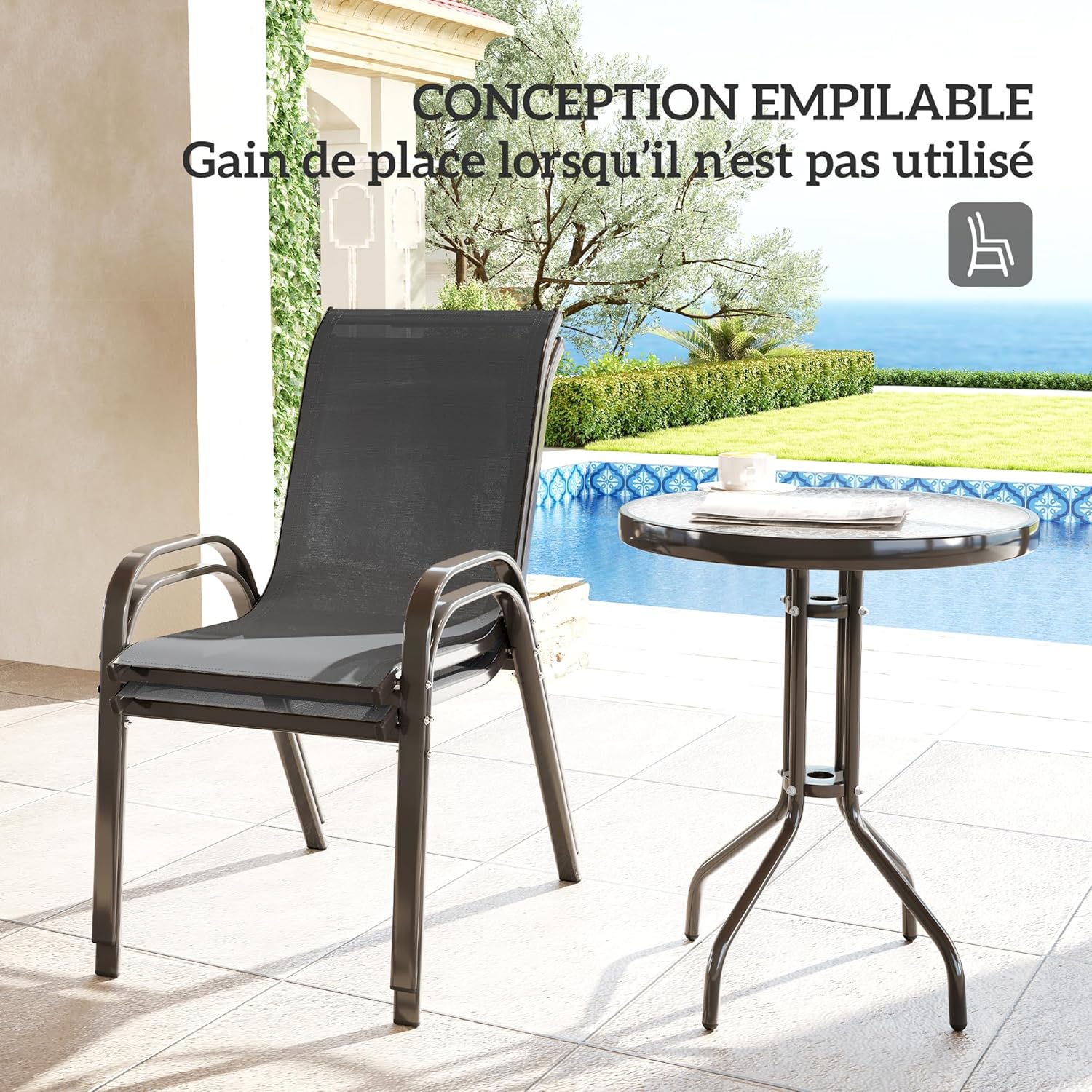 Thumbnail 3 de Outsunny Salon de Jardin Extérieur 3 Pièces — 2 Fauteuils Empilables + Table Basse en Verre Trempé, Gris Foncé