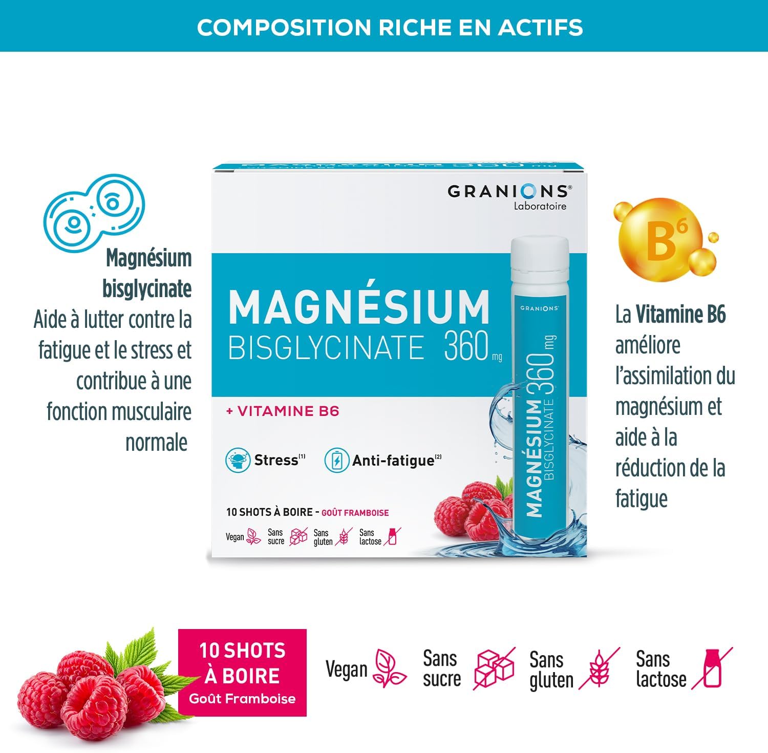 Detalle de Granions Magnesium Bisglycinate 360 mg + Vitamine B6 en shots (10 doses) – adulte, anti-stress et anti-fatigue