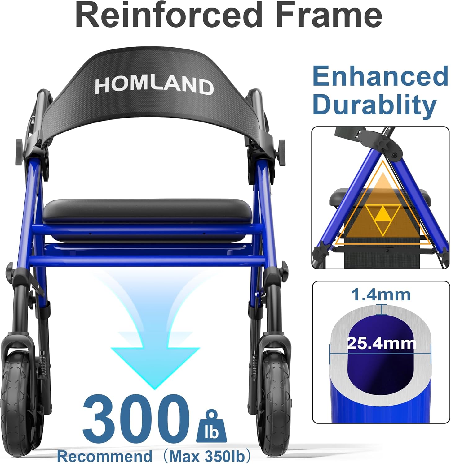 Detalle de HOMLAND Walkers for Seniors with Seat – Foldable rollator with 8" all-terrain wheels, height adjustment and cup holder