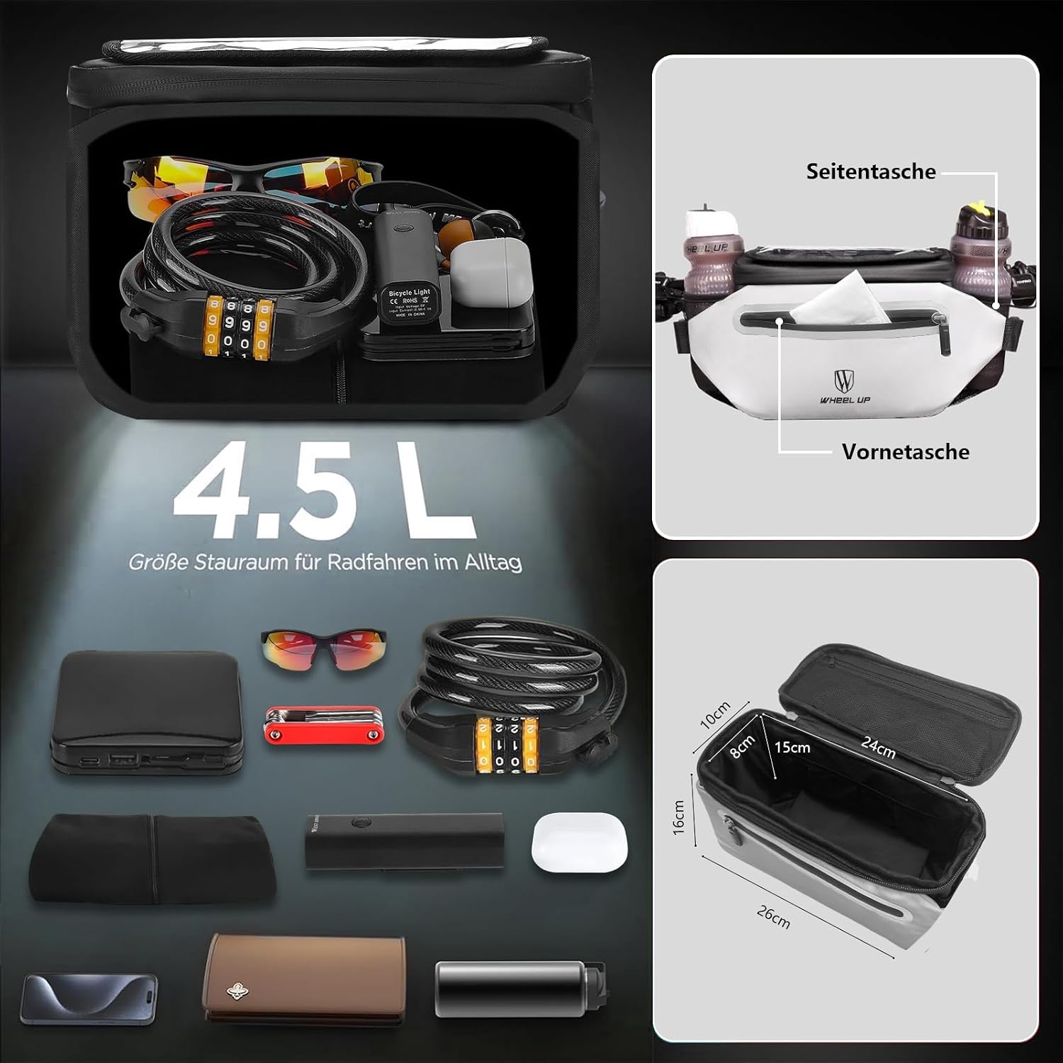 Detalle de Munaduna Lenkertasche 4,5L – wasserdicht, verstellbares Handyfach, 3-in-1 Umhängetasche
