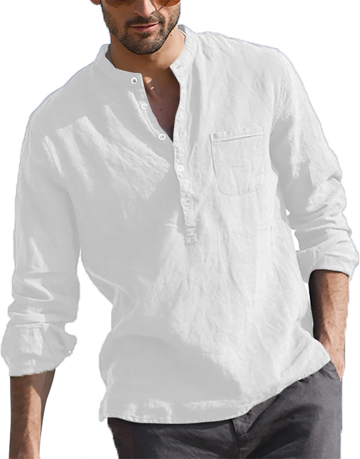 Detalle de LVCBL Camicia da Uomo in Lino Estiva A Maniche Lunghe, Vestibilità Normale