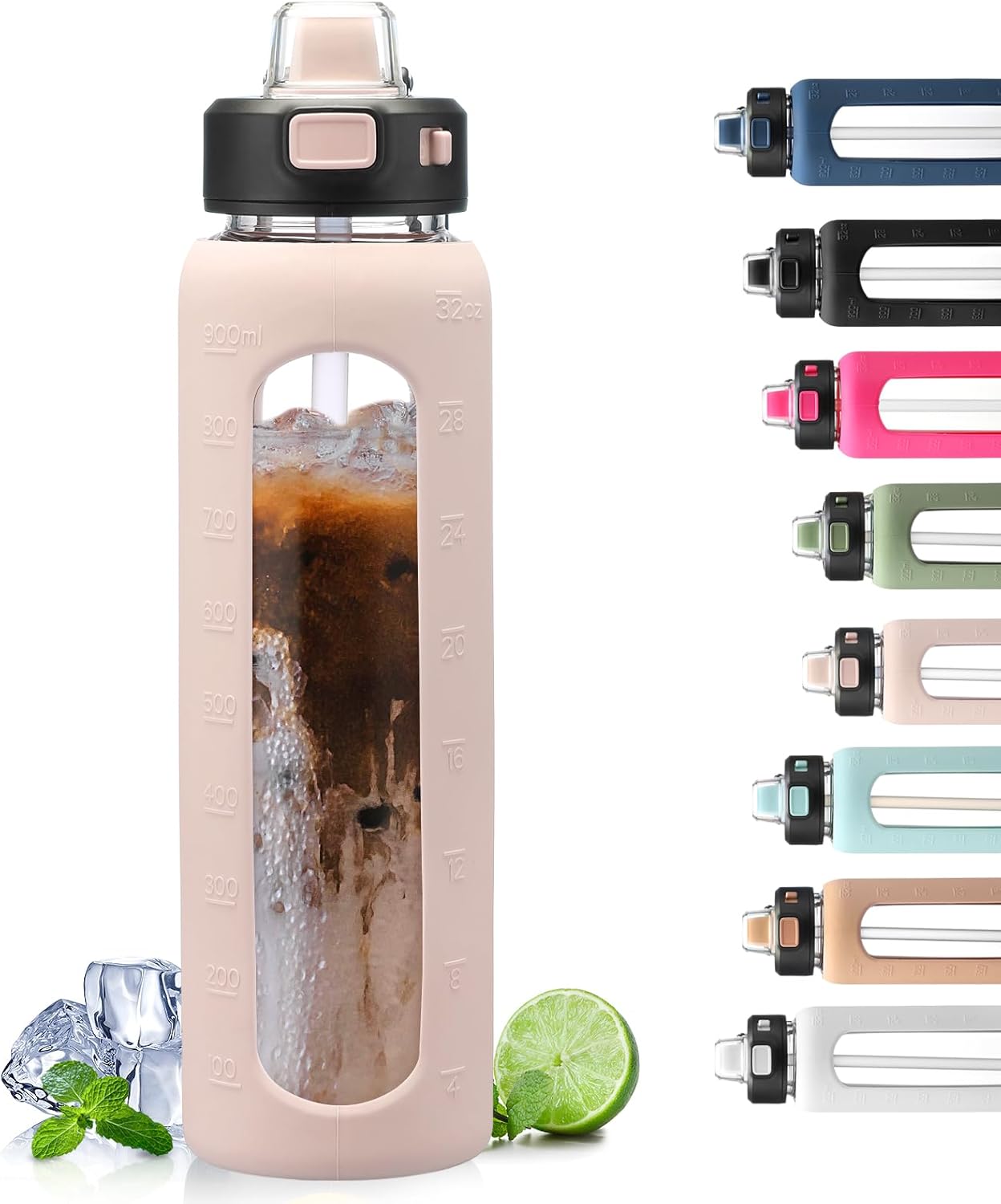 Detalle de BLUEGO 900ml Glass Water Bottle with Handle, Straw & Silicone Sleeve – Leak-Proof Hydration for Gym and Outdoors