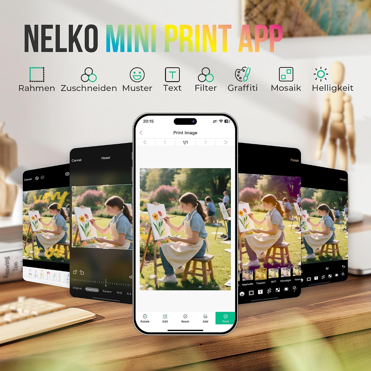 Detalle de Nelko PP01 Tragbarer Mini-Fotodrucker – Rosa, 20 Blatt Klebepapier, Bluetooth, App, Tintenstrahldrucker