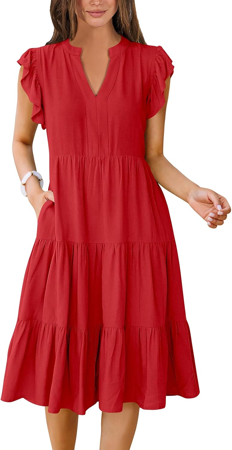 Detalle de ANRABESS Women's Summer Dress with Ruffle Sleeves and V-Neck Midi — Boho Casual Sundress