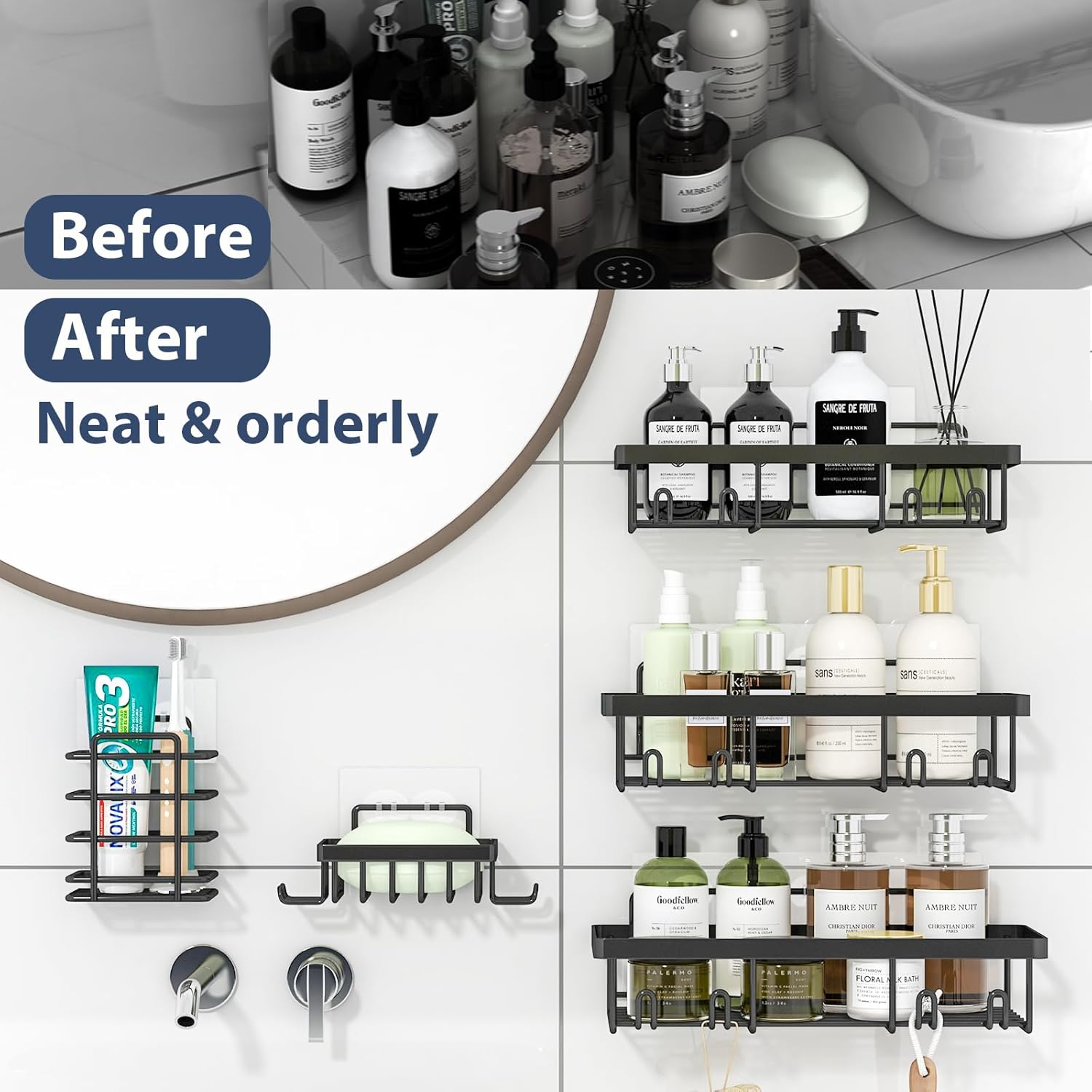 Thumbnail 5 de Liuoud 5-Pack Shower Caddy Organizer Rack – Adhesive Stainless Steel Wall Shelf Set (Black)