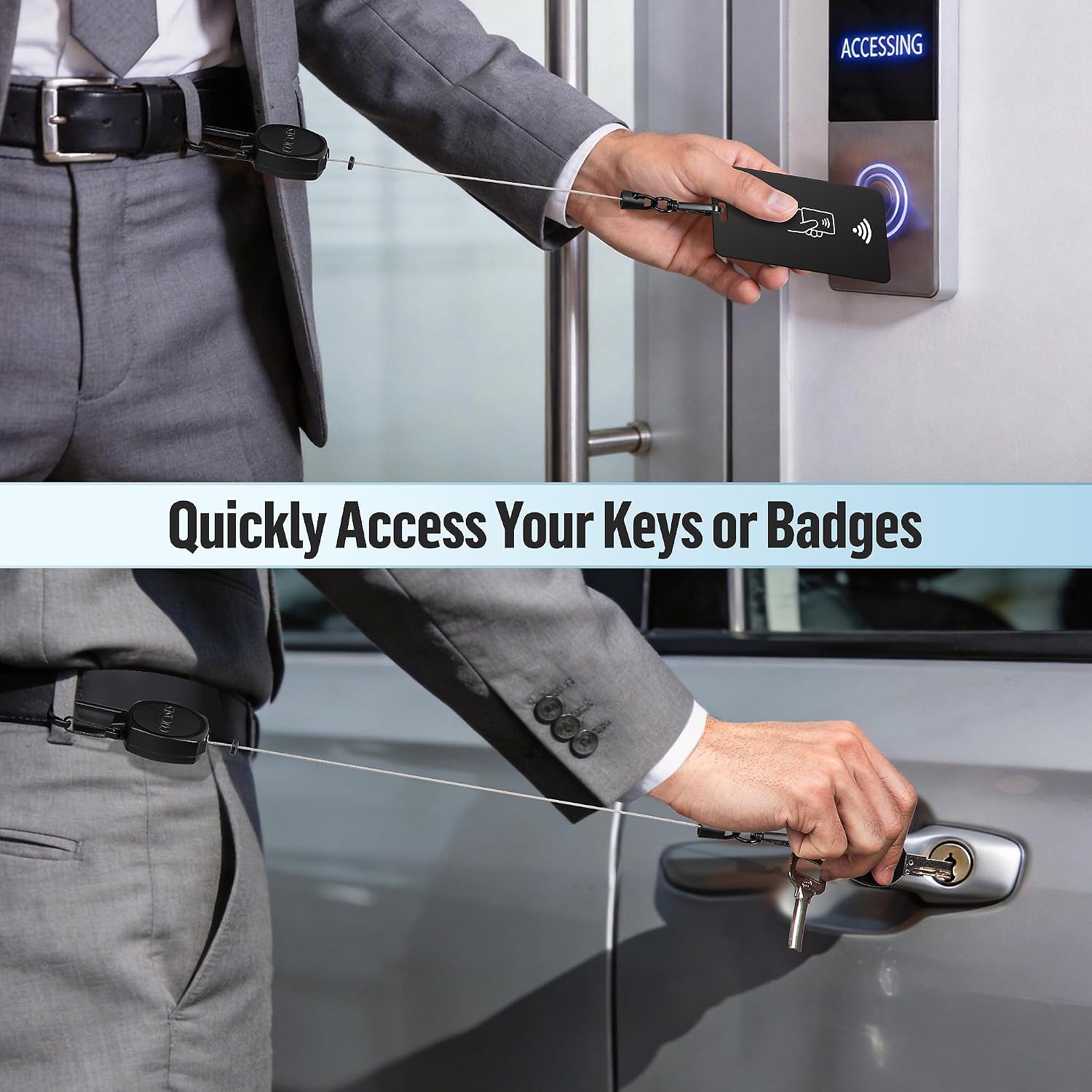 Detalle de COCASES 2 Pack Retractable Phone Lanyard: Anti-Theft 360° Clip with Steel Line & Quick-Release Options
