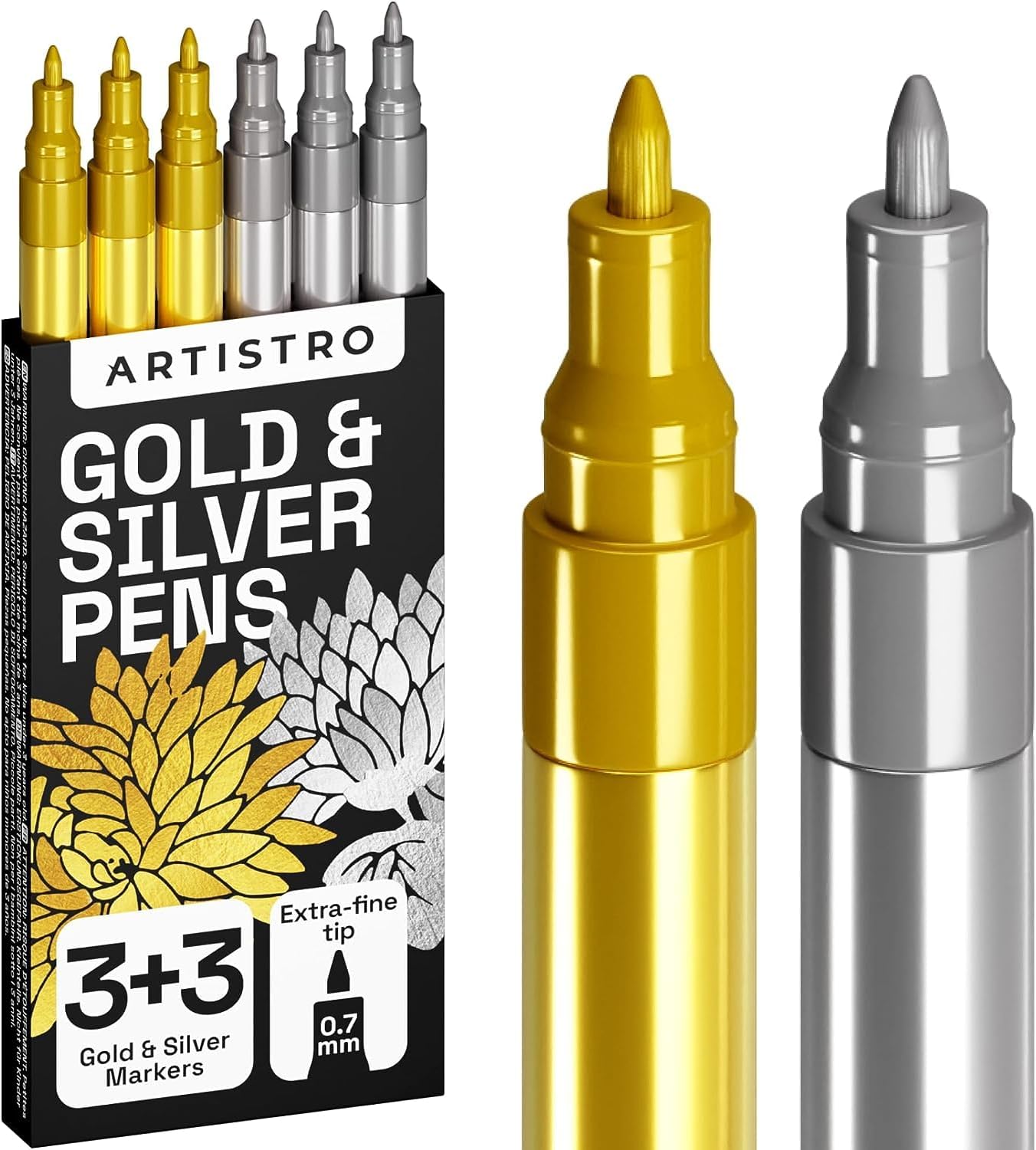 Detalle de Artistro 6 Gold & Silber Acrylstifte (wasserbasiert) – 6er Set mit extra-feiner Spitze für Stein, Keramik, Glas & mehr