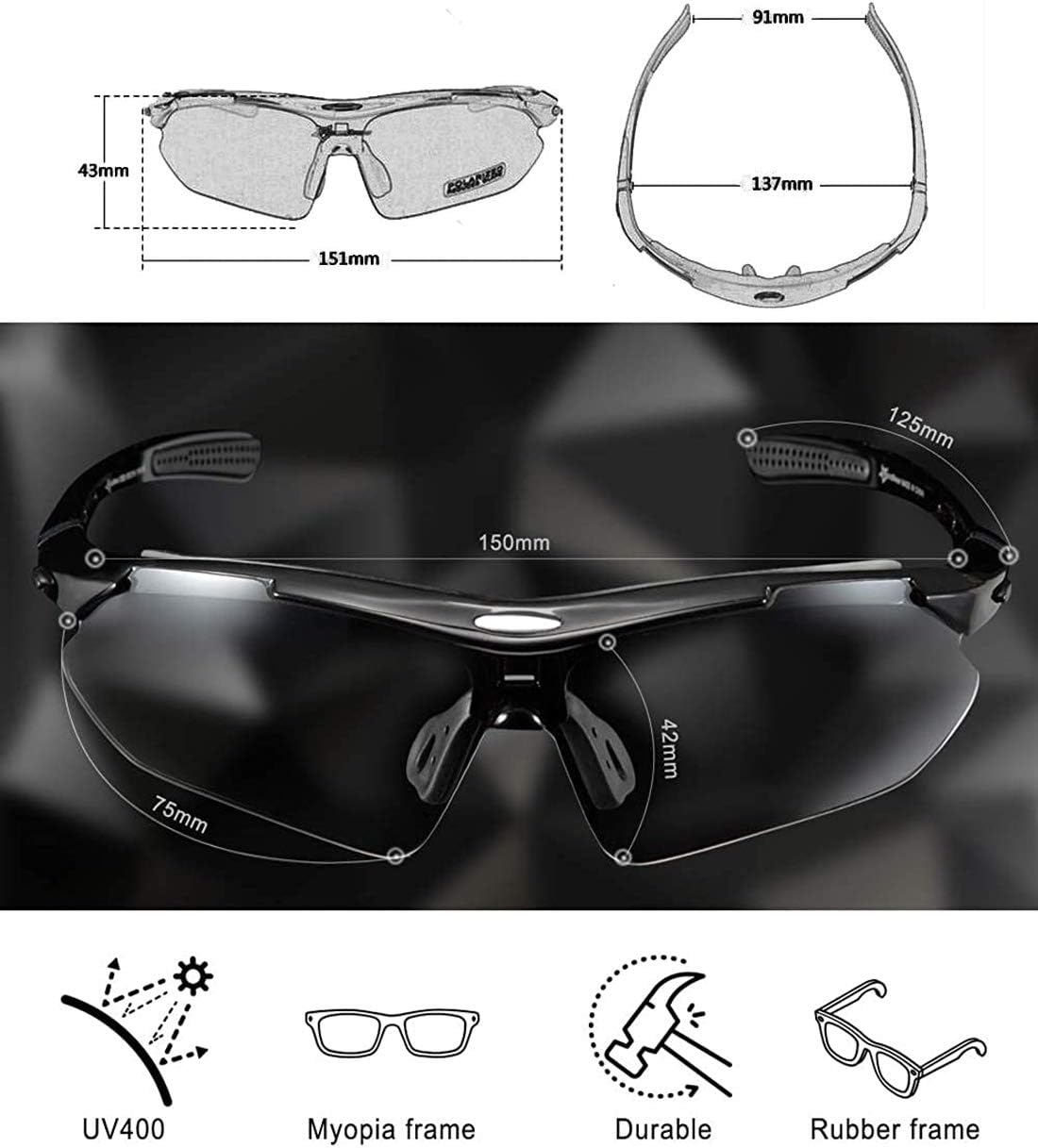 Detalle de ROCKBROS Polarised Cycling Sunglasses with 5 Interchangeable Lenses (TR90 unbreakable frame)