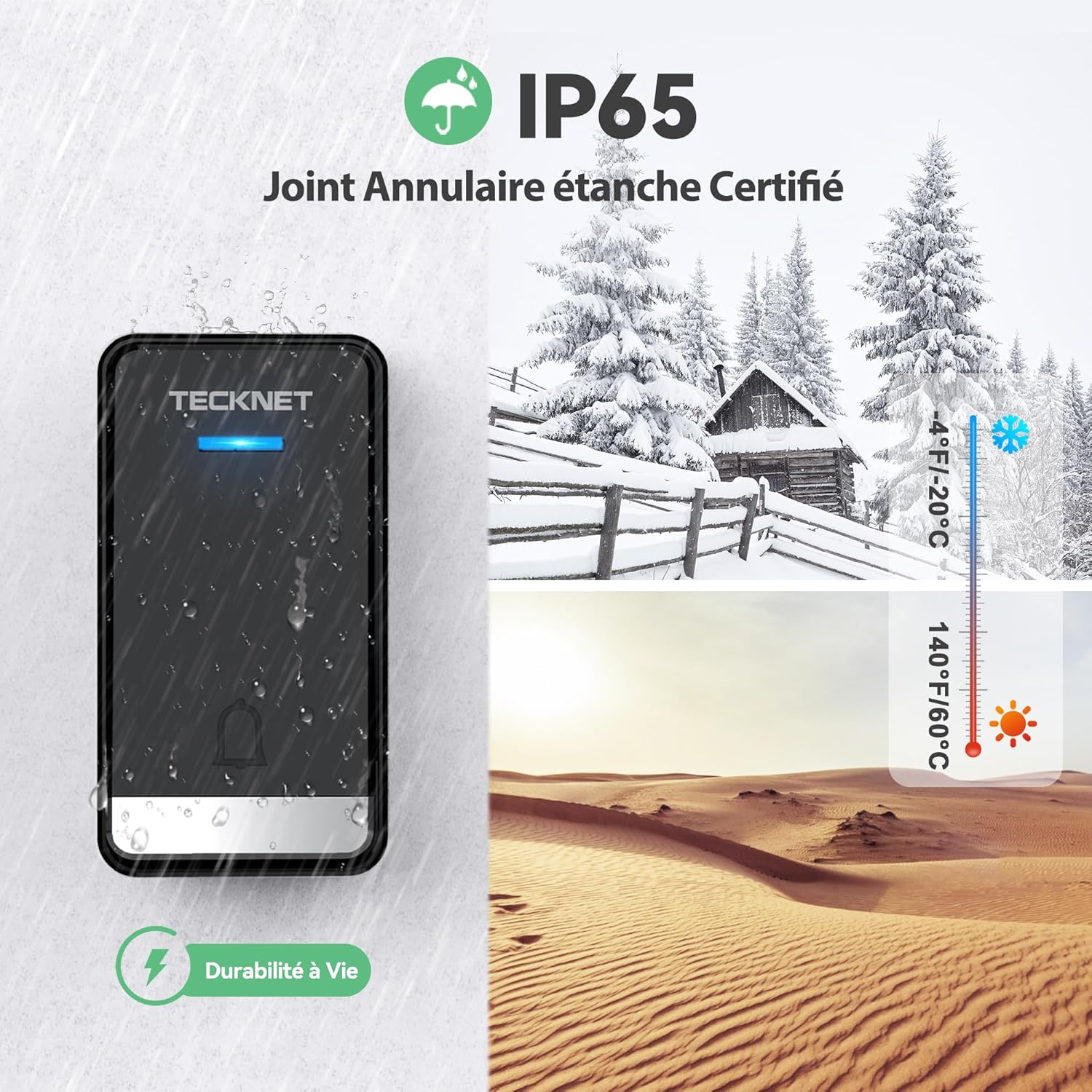 Thumbnail 4 de TECKNET Sonnette sans Fil 400M avec prise USB, IP65 et mémoire – Carillon extérieur sans piles