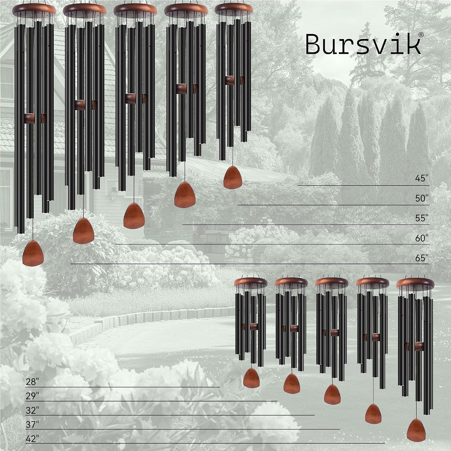 Detalle de Bursvik Classic 37" Black Aluminum Wind Chime for Outdoor Spaces
